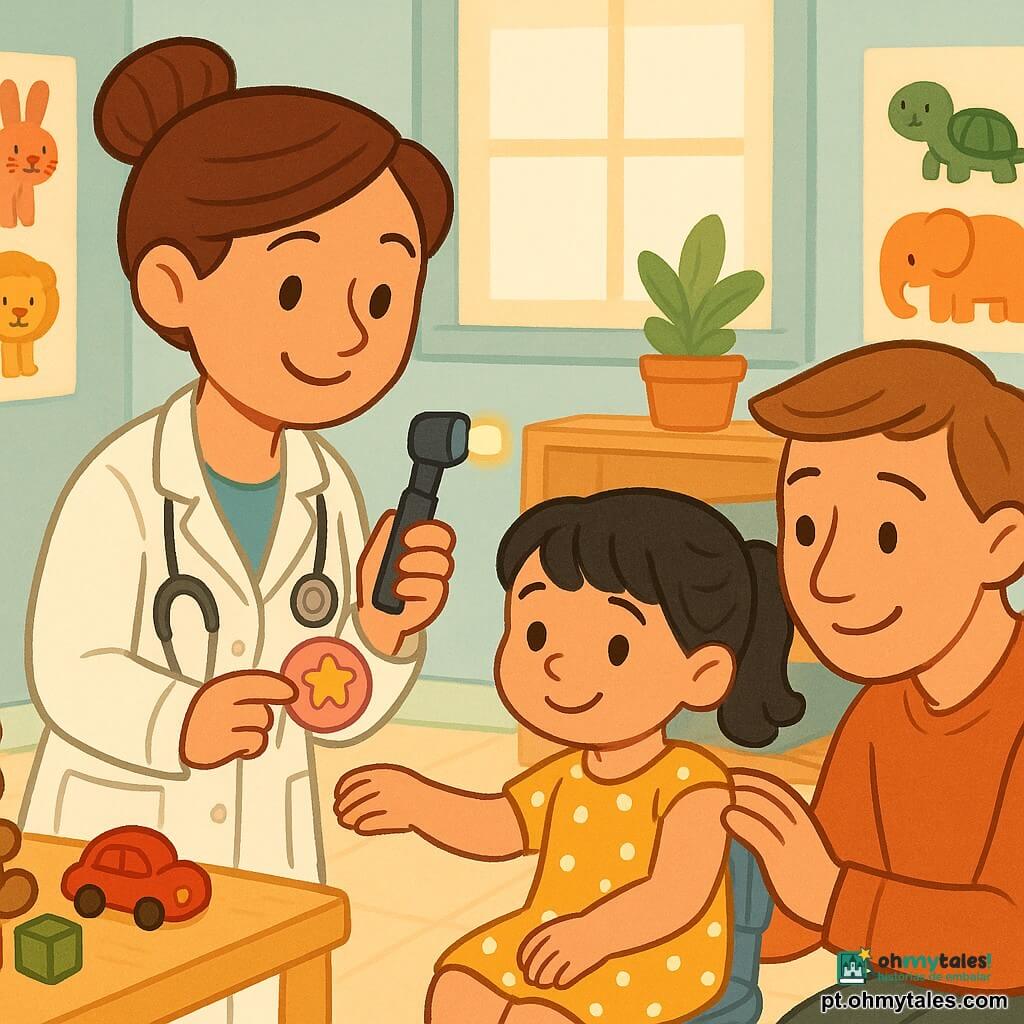 Médica, rosto doce e sorridente, cabelo castanho preso em coque, jaleco branco, segura um otoscópio iluminado na mão direita e um curativo colorido na esquerda; menina Lia, cerca de 4 anos, cabelo preto em rabo de cavalo, vestido amarelo de bolinhas brancas, sentada numa cadeira baixa mostrando o braço com confiança e sorriso tímido; à esquerda, mesa baixa com brinquedos de madeira; um progenitor sentado no canto com olhar sereno e mão no ombro da criança; consultório pediátrico pequeno com paredes azul‑claro, pôsteres educativos, janela com luz suave, estante de madeira com almofadas e planta; a médica examina delicadamente o braço com a lâmpada e aplica um curativo rosa redondo com estrela, ambiente calmo e acolhedor, cores quentes e contornos arredondados.