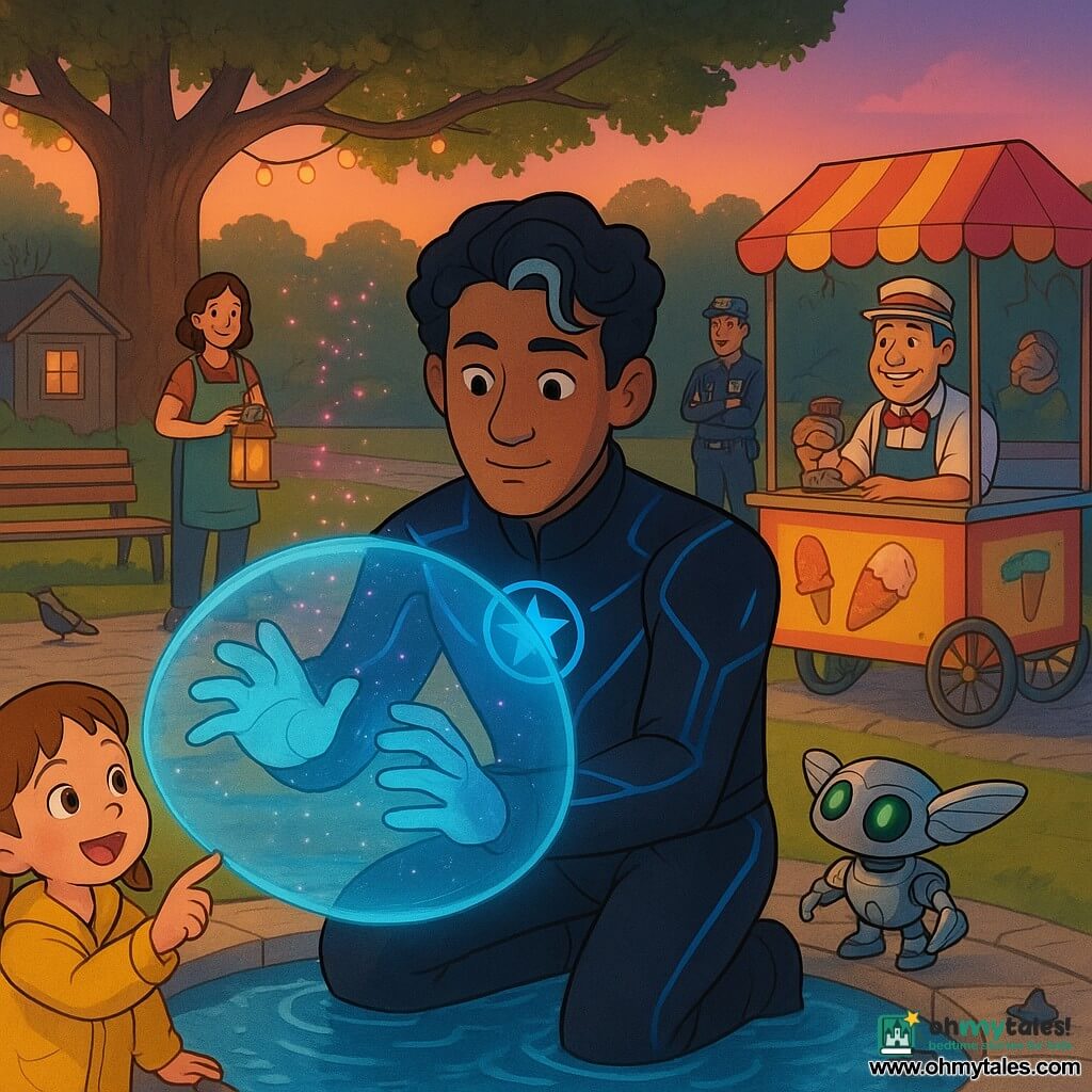 An adult man named Orion Quillstrike with calm, focused expression, warm brown skin, wavy black hair with a silver streak, wearing a deep black suit with comet‑blue luminescent lines and a star-in-circle emblem on his chest, kneels before a central stone fountain at dusk, forming a translucent blue dome-bubble with his glowing hands. A small metallic drone called Pip‑7 (non-human), sandwich-sized with silver wings and blinking green eyes, perches on Orion’s shoulder and emits fine pink sparkles that float above the water. A ~5-year-old girl with pigtails and a yellow jacket stands on the lawn foreground left, eyes wide and pointing excitedly at the bubble. Mr. Banjo, an ice-cream vendor (~50), with hat and colorful cart, stands back right on the path smiling and polishing his tub. Officer Lumen (~35) in a plain uniform stands near benches behind the crowd with arms crossed, reassured expression. Ms. Rivera (~40), the park caretaker in an apron, stands by an open shed holding a box of lanterns. Setting: Maplebeam Park at twilight, green lawn, wooden benches, a large old oak behind, hanging lantern garlands, a few pigeons on the paving; a tiny shimmering air rift above the fountain from which the drone emerged. Mood: residents stepping back in wonder and relief as Orion creates a protective blue bubble while pink sparks float and warm evening light bathes the scene. Graphic style: bright colors, clean outlines, soft textures, warm exaggerated facial expressions, composition centered on Orion and the fountain.