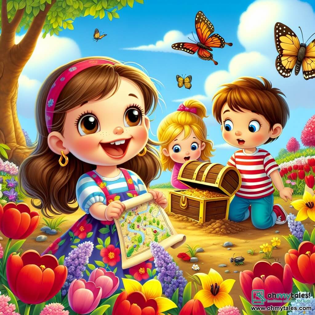 A 6-year-old girl named Lily, with long brown hair and sparkling eyes, stands in the center of the image. She wears a colorful floral dress and smiles enthusiastically while holding a treasure map. To her right, Mia, a 6-year-old girl with blonde pigtails, gazes in wonder at a butterfly flying nearby. To the left, Ben, a 6-year-old boy with brown hair and a striped t-shirt, digs in the ground with a small shovel, looking focused and curious. The setting is a lush garden in full bloom, filled with red tulips, yellow daffodils, and purple violets, under a clear blue sky dotted with fluffy white clouds. In the background, a large tree provides shade, and bees buzz happily around the flowers. The scene captures the moment when Lily and her friends discover a buried wooden treasure chest in the ground, surrounded by colorful flowers, with expressions of surprise and joy on their faces.