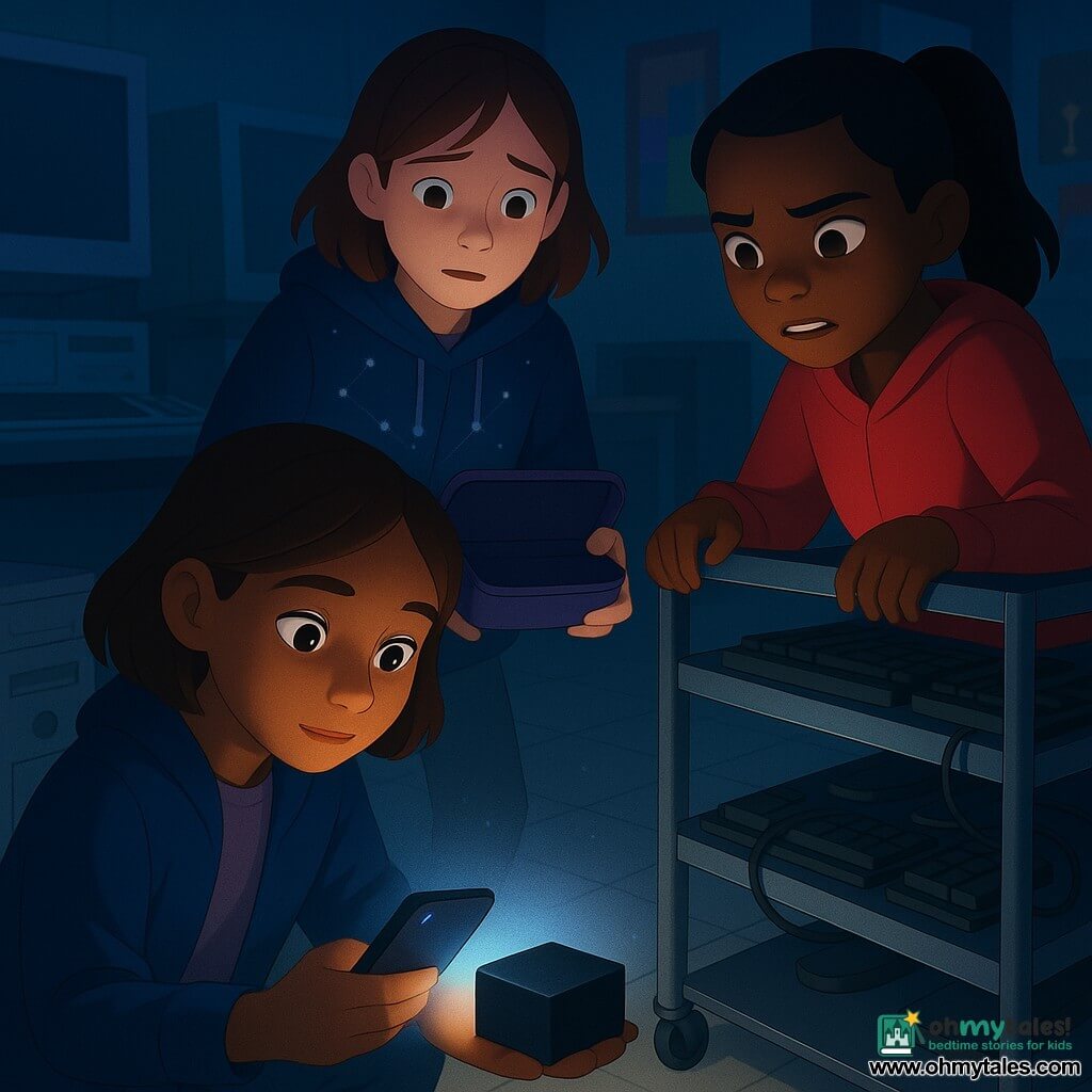There are three 11-year-old girls: Mina, brown mid-length hair, attentive eyes, navy jacket, crouched left holding a small black box illuminated by her phone; Jo, black ponytail, red sweatshirt, standing right leaning with a mischievous yet worried look and one hand on a metal cart; Lia, chestnut hair, constellation-pattern hoodie, slightly unkempt, standing behind Mina with moist but relieved eyes, holding an open empty pencil case. They are in a school computer corner with rows of old desktops with thick monitors, a dented computer tower in a corner, a metal cart of keyboards and mice, cream tiled floor with dust marks, colorful posters and a trophy display in the background. The three children have just discovered the small black "Star Chip" slid under the cart; it's an indoor nighttime revelation scene with cold phone light creating bright reflections on the plastic, visible floating dust, and expressions of relief and tension centered on the open box and lit faces.