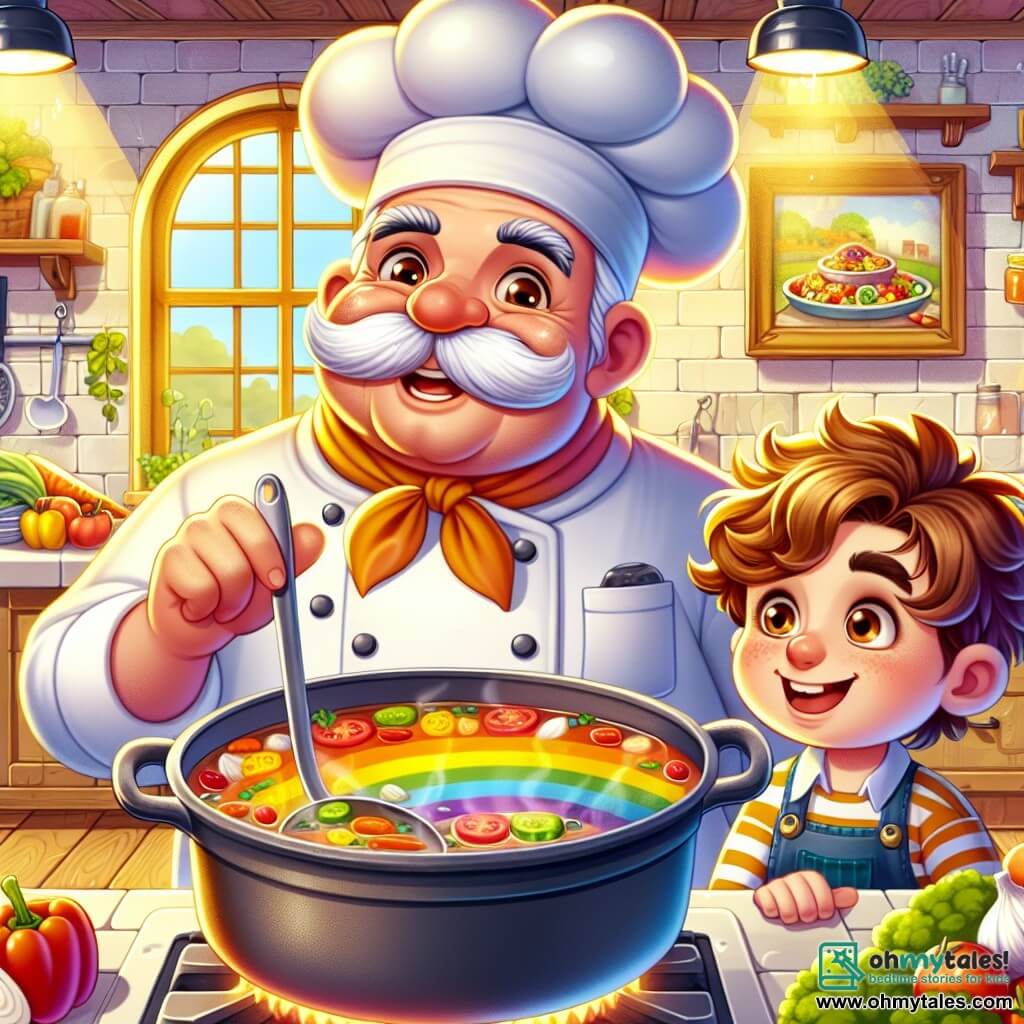 The main character, a jovial man named Mr. Pudding, is a chef in his fifties with a large white mustache and a tall white chef's hat. He smiles broadly, his eyes sparkling with excitement, while stirring a large pot of colorful soup over the fire. Next to him is Benny, an eight-year-old boy with curly brown hair, wearing a small apron. He watches in awe, holding a ladle ready to serve. The scene takes place in a warm and lively kitchen filled with pots and pans, with fresh ingredients spread out on the counter. Rays of light filter through the windows, illuminating the walls decorated with paintings of delicious dishes. The main situation shows Mr. Pudding and Benny preparing the legendary rainbow stew together, with colorful fruits and vegetables, while laughter and delightful aromas fill the air, creating a joyful and magical atmosphere.