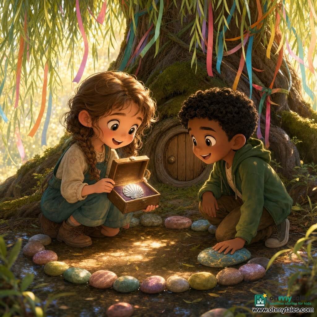 A 10-year-old girl, Elsie, with light brown hair in two braids, wide bright eyes and a delighted smile, crouches before a small round door at the base of a willow holding open a wooden box that reveals a small silver shell-shaped locket; beside her a 10-year-old boy, Jamal, dark-skinned with short curly hair, kneels with a hand on a colored stone, joyful and ready to help; the willow has drooping branches with rainbow ribbons, thick mossy roots and stones arranged in a lettered circle, golden filtered light dappling the damp ground, and the children have just opened a secret cache—soft pastel, textured wood and velvety moss create a warm, magical atmosphere.