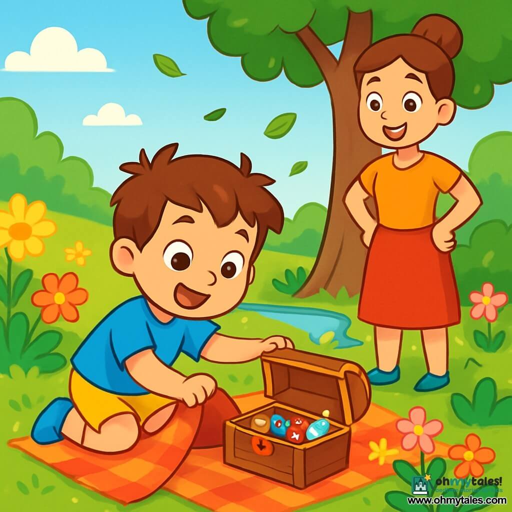 A 4-year-old boy with messy brown hair and sparkling curious eyes is crouched in a sunny garden. He is wearing a bright blue t-shirt and yellow shorts, and his face expresses radiant joy as he discovers a small wooden chest hidden under a picnic blanket. Next to him, his mother, a smiling woman in her 30s with brown hair in a bun, proudly watches him with her hands on her hips, standing by a tree. The garden is filled with colorful flowers, green bushes, and a small stream sparkling in the sun. The main scene shows the boy opening the chest, revealing shiny treasures like colorful buttons and a small silver bell, while a gentle breeze makes the leaves dance around them.