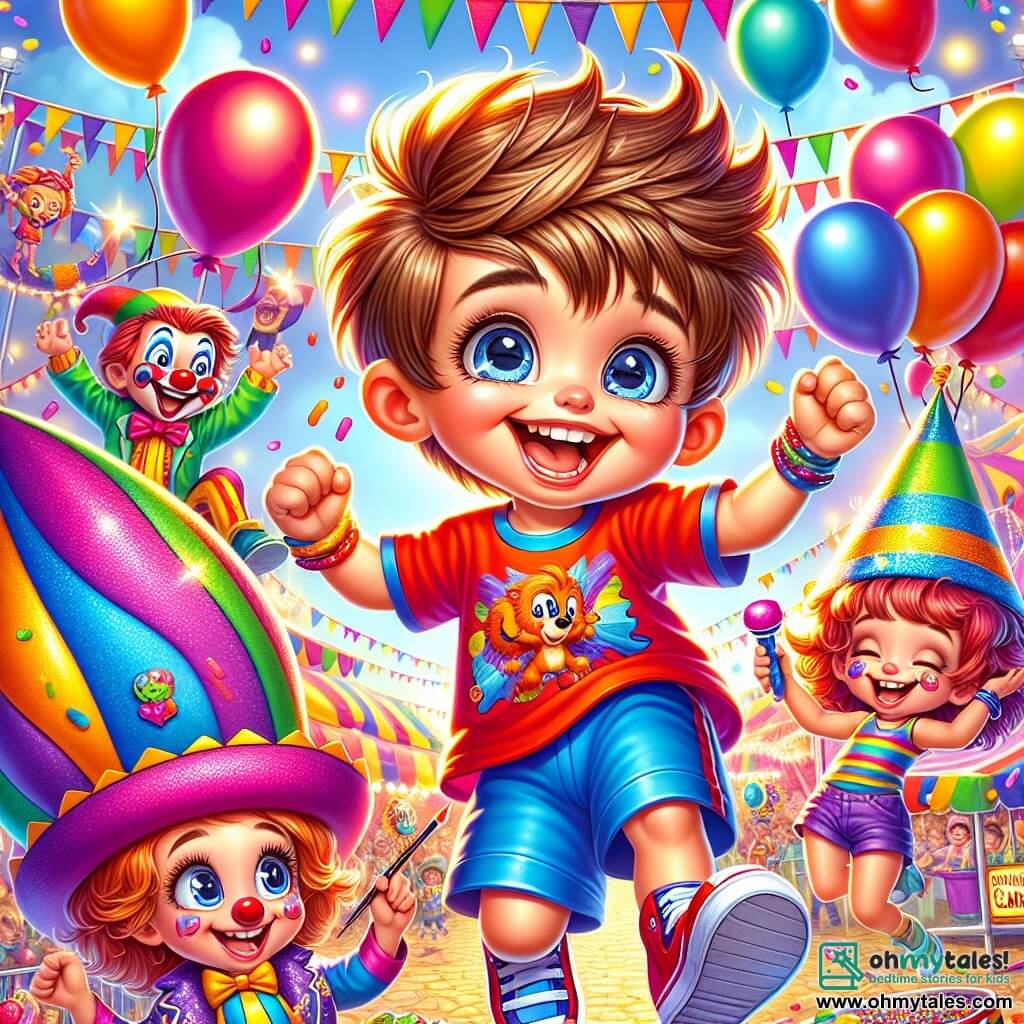 A 5-year-old boy, Benny, with messy brown hair and a big smile, is wearing a bright red t-shirt and blue shorts. He jumps for joy with his arms raised and stars in his eyes in the middle of a colorful carnival. Next to him, Lila, a 6-year-old girl with long purple hair and a sparkling hat, is painting a dragon on Benny's face, her expression joyful and focused. Max, a 5-year-old boy wearing an ice cream cone-shaped hat, laughs while holding colorful scarves, ready to wave them. 

The setting is a vibrant carnival filled with floating balloons, colorful garlands, and candy stands. In the background, funny clowns juggle and musicians play lively melodies, creating a festive and joyful atmosphere. 

The main scene shows Benny, Lila, and Max on stage, surrounded by laughter and applause, dancing and having fun together, sharing moments of happiness and friendship at the heart of the carnival.
