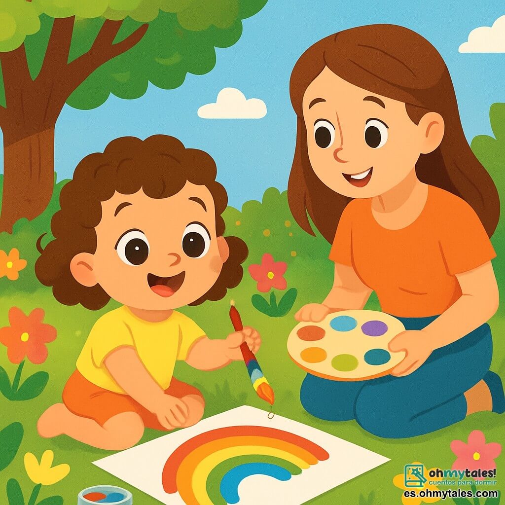 Una niña de 2 años, con grandes ojos brillantes y cabello rizado, sonríe alegremente mientras sostiene un pincel de colores en su mano. Está sentada en la hierba verde, rodeada de hojas y flores coloridas, pintando un gran arcoíris en un papel blanco. A su lado, su mamá, una mujer sonriente de unos 30 años con cabello largo y castaño, la anima con una mirada tierna. Está de rodillas, sosteniendo una paleta de colores vivos, lista para ayudar a su hija. El jardín está soleado, lleno de flores brillantes de todos los colores, con un gran árbol que proporciona sombra y una manta de picnic. El cielo es azul, salpicado de algunas nubes blancas y esponjosas. La escena principal muestra a la niña pintando con entusiasmo, mientras su mamá la observa con orgullo, creando un ambiente alegre y lleno de vida.
