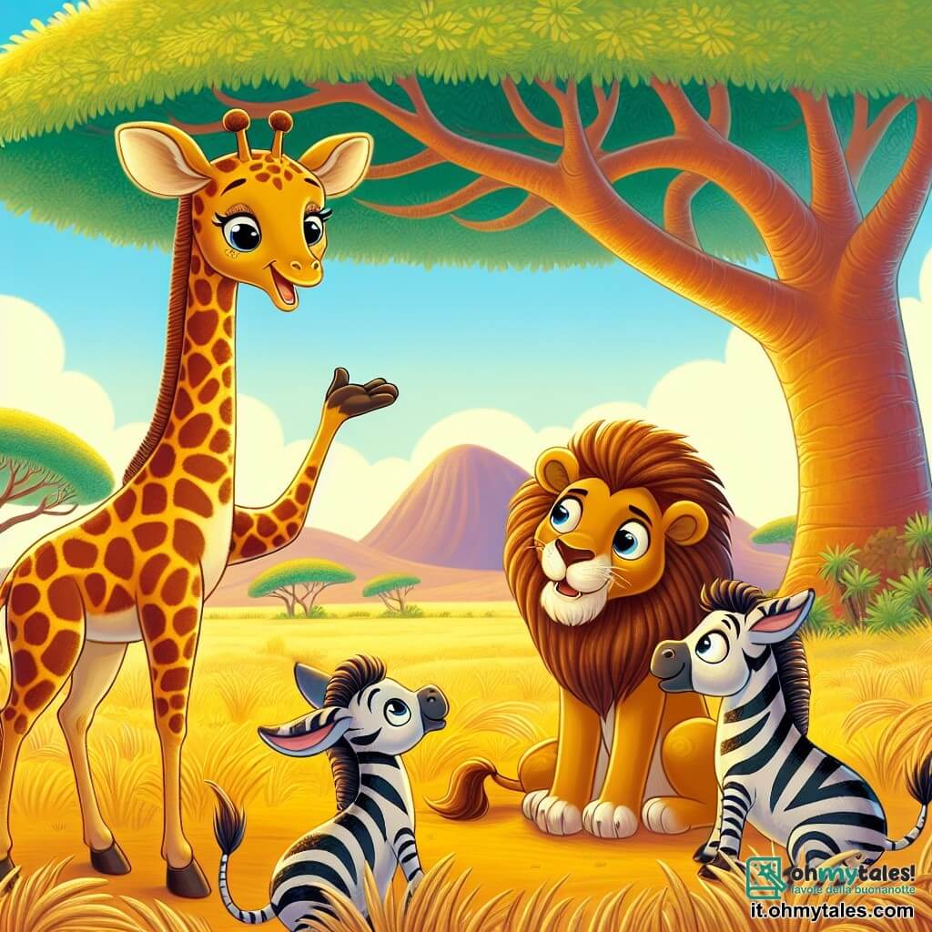 Al centro dell'immagine, Nia, la giraffa femmina, si erge maestosa sotto un grande albero baobab. Ha uno sguardo dolce e rassicurante, con occhi brillanti di saggezza. Le sue lunghe gambe sono decorate con macchie dorate che brillano al sole, e sembra raccontare una storia con entusiasmo, il suo collo slanciato si piega leggermente verso gli altri animali. Vicino a lei, Leo, il leone maschio, è seduto sulle zampe posteriori, ascoltando attentamente Nia. Ha una criniera flamboyante e uno sguardo ammirato, i suoi occhi spalancati mostrano il suo interesse per le storie. Accanto a lui, Zara, la zebra femmina, è in piedi, con le sue strisce nere e bianche ben definite e un sorriso gioioso sul volto, pronta ad applaudire dopo una bella storia. Sullo sfondo si vede una savana vibrante, con erbe dorate che ondeggiano al vento, dolci colline all'orizzonte e un cielo blu brillante punteggiato di nuvole bianche e soffici. La scena principale mostra Nia mentre racconta una storia avvincente ai suoi amici animali, riuniti attorno a lei, rapiti dalle sue parole e dall'atmosfera calorosa di cameratismo e amicizia.