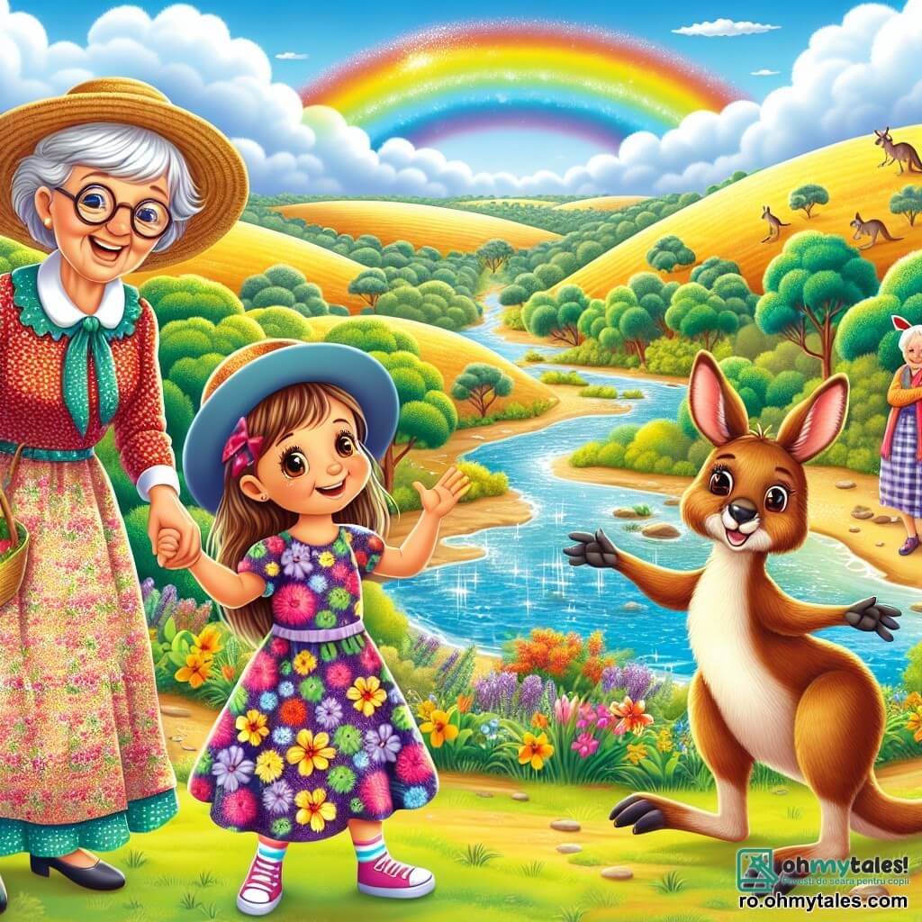 Maria, o fetiță de 4 ani cu păr lung castaniu și ochi strălucitori, se află în centrul imaginii, zâmbitoare și plină de entuziasm. Poartă o rochie colorată cu motive florale și ține mâna bunicii sale. La dreapta ei, bunica, o femeie în vârstă cu păr gri și ochelari rotunzi, zâmbește cu căldură în timp ce o privește pe Maria. La stânga, bunicul, un bărbat jovial cu barbă albă și pălărie de paie, arată cu degetul un cangur care sare vesel la câțiva metri de ei. Peisajul este un peisaj australian minunat, cu coline aurii, copaci verzi și flori colorate. Departe, un cer albastru strălucitor este presărat cu nori albi pufoși. Aproape de ei, un pârâu cristalin strălucește sub soare, înconjurat de pietre netede și arbuști înfloriți. Situația principală îi arată pe Maria și familia ei urmând cangurul care îi conduce spre apă. Expresia de bucurie de pe fața Mariei ilustrează entuziasmul ei pentru această aventură, în timp ce cangurul, curios, îi privește cu un aer prietenos.