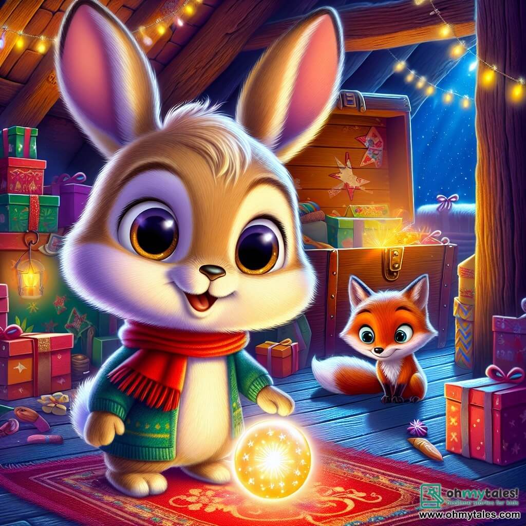 Benny the Bunny, a small rabbit with big ears and soft, silky fur, is filled with excitement and curiosity. He stands in a magical attic, wide-eyed, holding a glowing orb in his little paws. Next to him is Felix the Fox, a friendly character with bright orange fur and a red scarf, smiling kindly with twinkling eyes. The attic is filled with Christmas treasures: colorful boxes, sparkling garlands, and an old wooden chest adorned with star patterns. The soft light from the orb illuminates the room, creating a warm and enchanted atmosphere. In this scene, Benny discovers the magical power of the orb, ready to embark on an unforgettable adventure in the fairy-tale world of Christmas.