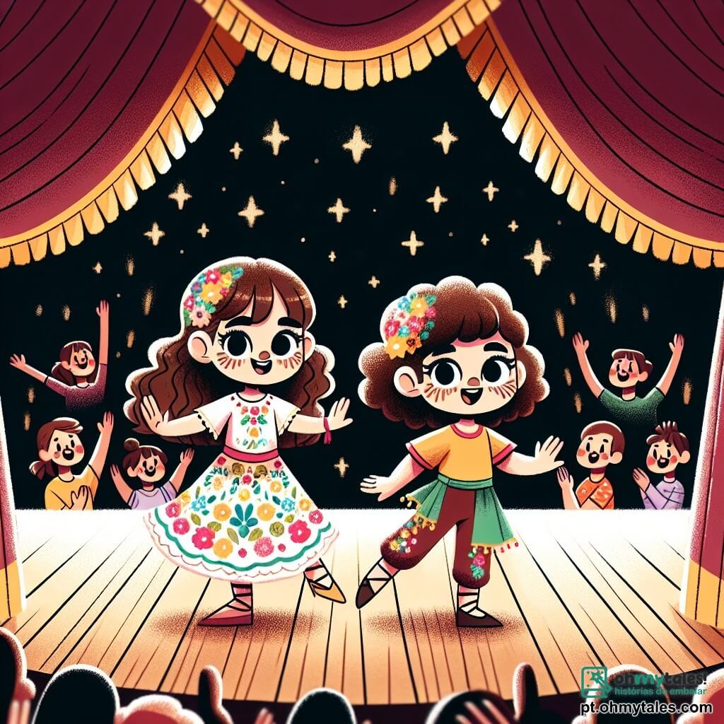 Uma menina de 12 anos, Ana, com longos cabelos castanhos e olhos cheios de determinação, está dançando no palco. Ela usa uma roupa de dança colorida, enfeitada com pequenas flores, e seu rosto expressa alegria e confiança. Ao seu lado, sua melhor amiga Beatriz, também de 12 anos, com cabelos curtos e cacheados, a encoraja com um grande sorriso. Beatriz veste uma camiseta brilhante e uma legging de dança, e se posiciona levemente atrás, pronta para se juntar a Ana na coreografia. O local é um auditório cheio de espectadores entusiasmados, com luzes brilhantes iluminando o palco de madeira. Cortinas vermelhas emolduram o fundo do palco, adicionando um toque de magia à atmosfera. A cena principal mostra Ana e Beatriz em plena performance, executando movimentos de dança sincronizados, com expressões de felicidade e camaradagem. Os aplausos do público ecoam ao redor, criando uma atmosfera festiva e acolhedora.