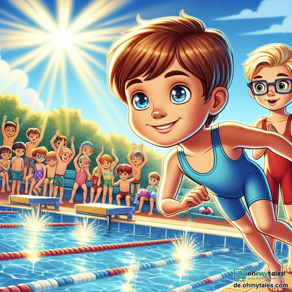 In einem sonnigen Schwimmbad bereiten sich zwei 9-jährige Jungen auf ein Rennen vor. Max, ein Junge mit braunen Haaren und funkelnden Augen, trägt einen leuchtend blauen Badeanzug und ein selbstbewusstes Lächeln. Er steht am Beckenrand, bereit zum Sprung. Neben ihm steht Tom, ein Junge mit blonden Haaren und Brille, der einen roten Badeanzug trägt und eine nervöse, aber entschlossene Miene zeigt. Um sie herum steht eine Gruppe älterer Kinder, die "Drachen", die sie mit einer Mischung aus Herausforderung und Bewunderung beobachten. Das Schwimmbecken ist mit kristallklarem Wasser gefüllt, das im strahlenden Sonnenlicht funkelt. Bunte Schwimmringe treiben an der Oberfläche, und begeisterte Zuschauer sitzen auf Liegen, applaudieren und feuern die jungen Schwimmer an. Die Hauptsituation zeigt Max und Tom, die kurz davor sind, ins Wasser zu springen, bereit, die Herausforderung des Rennens anzunehmen, während die anderen Kinder im Hintergrund anfeuern und eine freundliche Wettkampfatmosphäre schaffen.