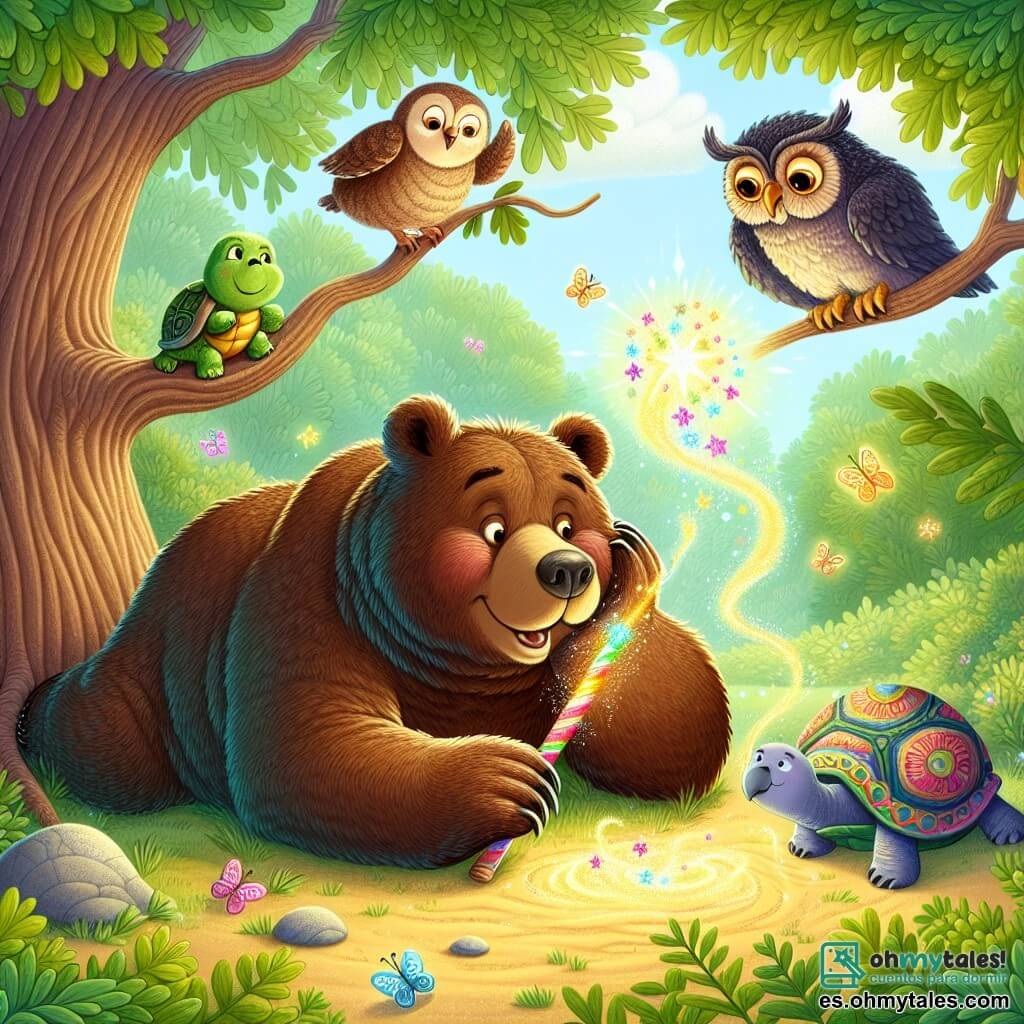 Ilustración que representa a un gran oso pardo, con un pelaje suave y sedoso, acostado perezosamente bajo un viejo roble. Tiene una mirada curiosa y divertida, con los ojos brillando de asombro mientras sostiene un bastón mágico de colores brillantes entre sus patas. Cerca, una tortuga sabia, con un caparazón adornado con delicados patrones, observa la escena con un aire pensativo y ligeramente molesto, como si fuera interrumpida en su sueño. Un búho con grandes gafas redondas, posado en una rama, examina la situación con ojos redondos y traviesos, listo para dar consejos. El lugar principal es un claro soleado en el corazón de un bosque encantado, donde los árboles bailan suavemente al viento y flores multicolores florecen alrededor, creando una atmósfera mágica y alegre. La situación principal muestra al oso descubriendo el bastón mágico que emite destellos de luz, provocando una alegría en el paisaje circundante, mientras la tortuga y el búho se preguntan sobre este fenómeno inesperado. Elementos gráficos adicionales incluyen hojas revoloteando en el aire, luciérnagas brillando alrededor del bastón, y una atmósfera de ligereza y magia, acentuando el lado humorístico y fantástico de la escena.