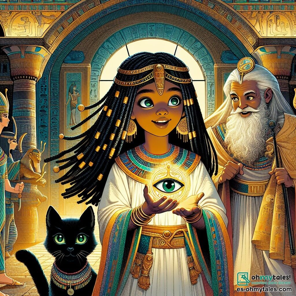 Nefertari, una joven egipcia de unos 12 años, se encuentra en el centro de la escena, con largos cabellos negros trenzados adornados con perlas doradas. Su rostro refleja determinación y asombro, con ojos brillantes que reflejan la magia del momento. Lleva una túnica de lino ligero, bordada con patrones coloridos, y sostiene en sus manos un antiguo Ojo de Horus que brilla con luz dorada. A su lado, Bastet, un gato negro de ojos verdes brillantes, la observa con sabiduría, listo para guiarla en esta aventura. En el fondo, Amenhotep, un hombre de unos 60 años con larga barba blanca y ojos chispeantes, observa la escena con una sonrisa benevolente, sosteniendo un rollo de papiro. La escena transcurre en una vasta cámara de catacumbas egipcias, donde las paredes adornadas con jeroglíficos brillan débilmente a la luz de las antorchas, creando una atmósfera misteriosa. Nefertari, decidida a recuperar el Ojo de Horus, se prepara para enfrentar a Anubis, el ladrón que se oculta en las sombras, mientras Bastet está listo para protegerla. El aire está cargado de una tensión palpable, mezclada con la emoción de una aventura épica.