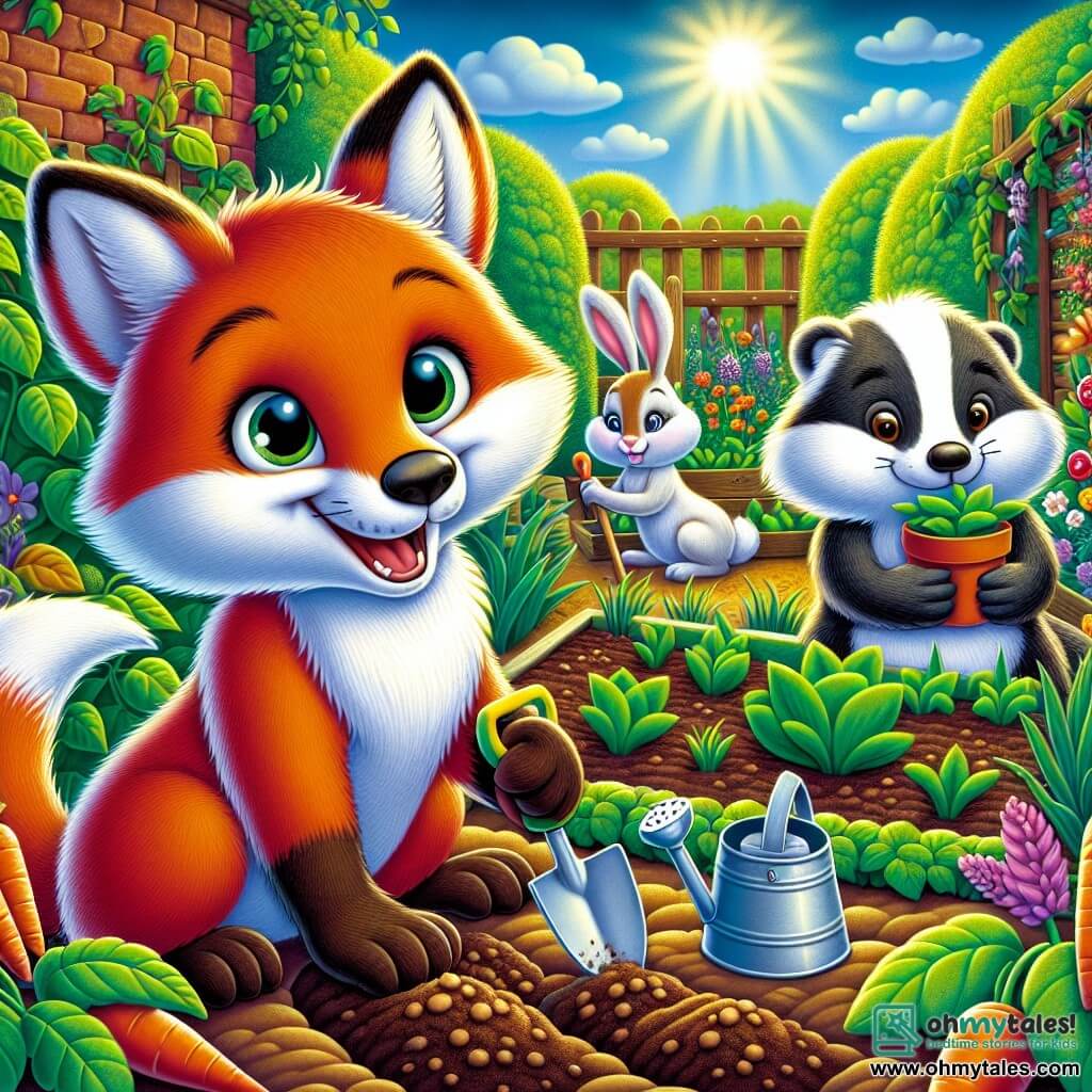 Fergus the Fox, a young fox with bright red fur and curious sparkling eyes, is planting seeds in a community garden. He has a joyful smile and his little paws are dirty, showing his enthusiasm for gardening. Next to him, Rosa the Rabbit, with her white fur and tall ears, watches intently. She holds a small shovel and seems determined to help. Further away, Benny the Badger, sturdy with black and white fur, waters the young plants with a watering can, wearing a satisfied expression. The garden is enchanting, filled with rows of colorful vegetables, bright flowers, and fragrant herbs, surrounded by brick walls covered in ivy. The sun shines high in the blue sky, illuminating the scene with golden light. In this illustration, Fergus and his friends joyfully work together, creating a moment of camaraderie and happiness as they care for their garden and discover the magic of nature.