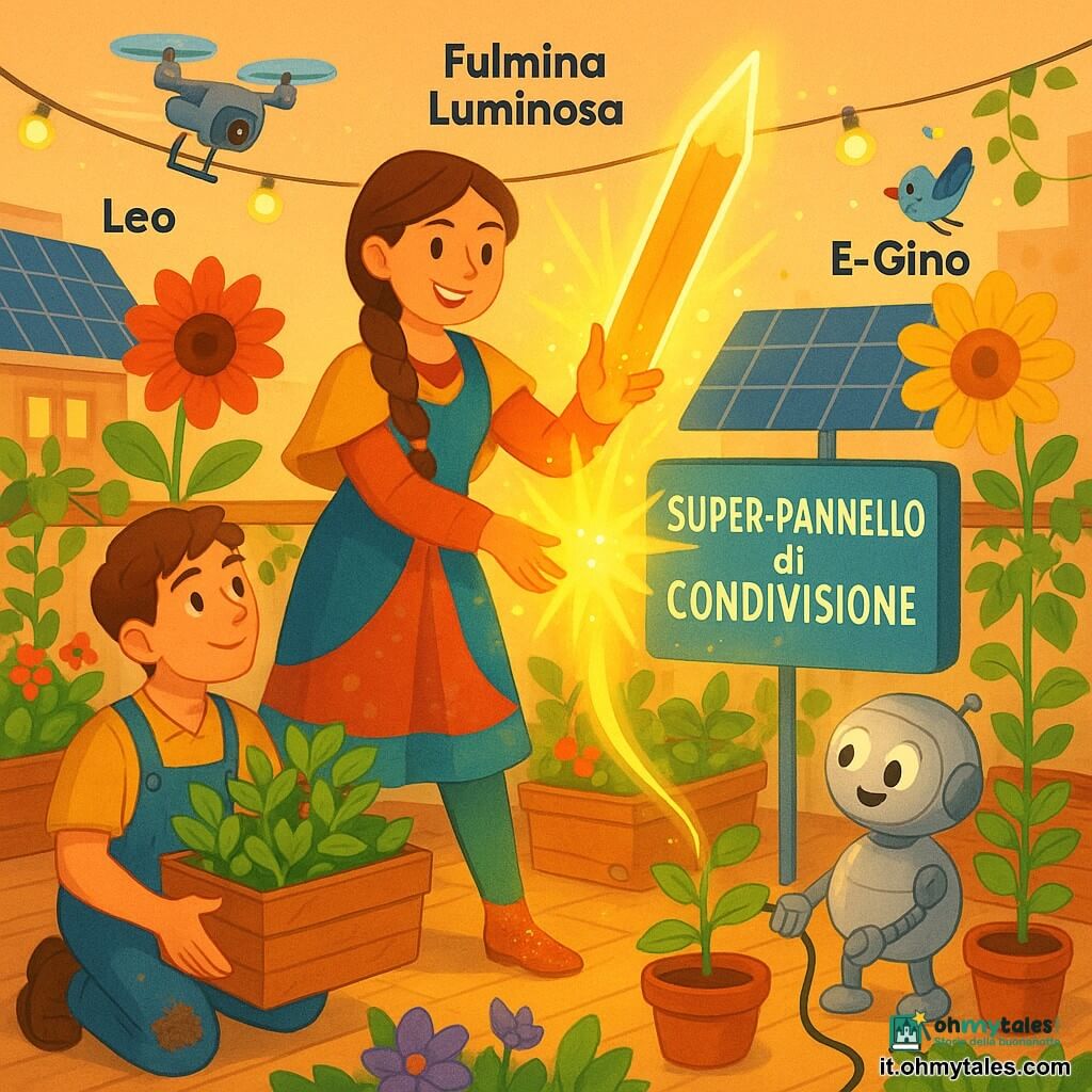Fulmina Luminosa, donna dal volto determinato e sorriso caloroso, capelli lunghi intrecciati, abbigliamento colorato e scarpe luminose, al centro in posa dinamica con una grande matita luminosa che attiva un pannello; a sinistra Leo, ragazzo 16–20 anni, giardiniere con capelli corti castani e salopette sporca, inginocchiato con una cassetta di piante e sguardo meravigliato; a destra E‑Gino, piccolo robot argenteo dal corpo rotondo con occhi‑lampadina, collega un cavo al pannello vicino a un basilico; sopra vola Droncino, mini drone argenteo con eliche blu che scatta foto lasciando scie luminose; sullo sfondo un tetto‑giardino urbano con pavimento a doghe, fioriere colorate, pannelli solari, viti e fiori giganti e guirlande solari; i personaggi hanno assemblato un grande Super‑Pannello di Condivisione fatto di foglie stilizzate e fili luminosi da cui parte un fascio dorato che ridona colori vividi alle piante e fa volare uccelli‑robot in un’atmosfera gioiosa e dinamica.