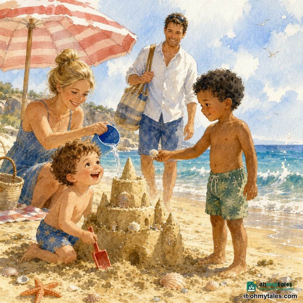 Bambino di 4 anni, capelli castani corti e ricci, pelle chiara con leggere tracce di sabbia, occhi vivaci, in ginocchio con una piccola pala rossa a costruire un castello di sabbia; bambino di circa 5 anni, pelle più scura, capelli neri corti e ricci, sorriso timido, offre una conchiglia bianca a destra del castello; madre ~30 anni, pelle chiara, capelli biondi lunghi raccolti in uno chignon, seduta sotto un ombrellone a righe a sinistra, versa acqua da un secchiello blu per lisciare la torre; padre ~35 anni, capelli castani corti, occhiali da sole sulla testa, in piedi dietro i bambini con una borsa da spiaggia, sorride; spiaggia soleggiata con sabbia dorata, onde blu con schiuma, conchiglie sparse, ombre morbide e riflessi caldi; scena estiva serena e conviviale, colori pastello acquerellati, accenni di schizzi per il movimento di acqua e vento.