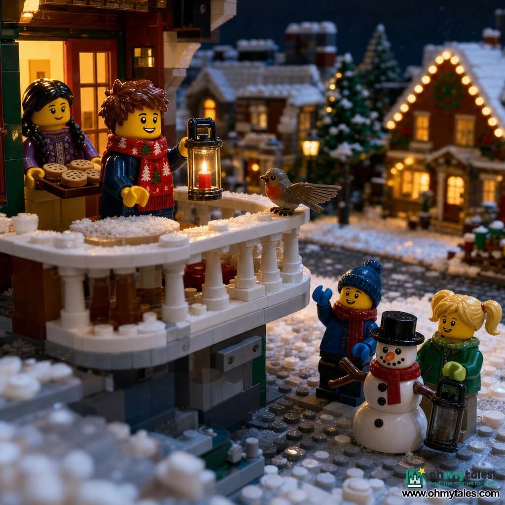 A 6-year-old boy with a round face and short brown hair wears a red scarf patterned with fir trees, smiling proudly as he holds a small glass lantern with a lit red candle on a snowy LEGO brick balcony; his sister, about 8, with black braided hair and a kind smile, stands just inside the living room door holding a tray of small cookies; below in the street a 6-year-old boy (Max) in a blue hat and mittens builds a snowman and waves up to the balcony while another 6-year-old girl (Lily) in a green coat with blonde pigtails holds an unlit lantern and looks up for help; a small robin with rusty and gray plumage perches on the white railing with wings slightly open; round table with snow crystals, cobblestone street with snow, houses with lit windows and garlands in the background, warm golden lantern light contrasts with the bluish night snow as several lanterns glow in the street.