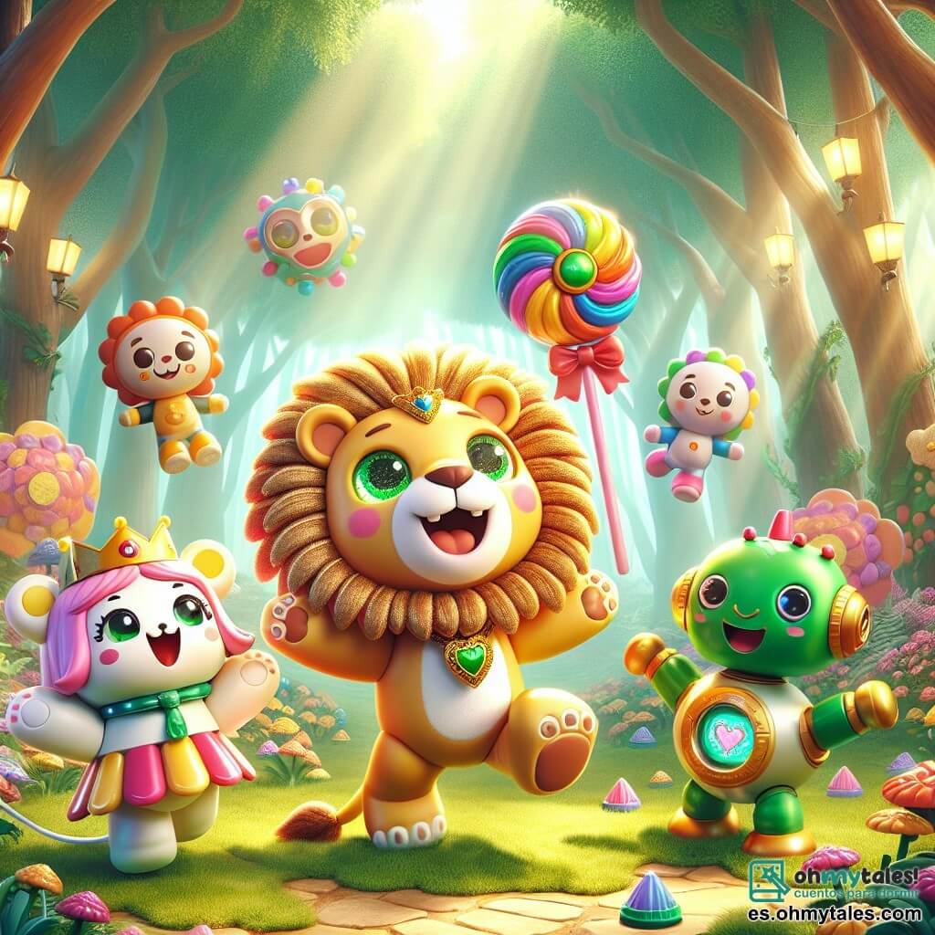 Un peluche de león con melena dorada y ojos chispeantes salta de alegría en el centro de la imagen, sosteniendo un enorme caramelo colorido en sus patas. A su derecha, una alegre muñeca de trapo con una sonrisa radiante y ropa multicolor levanta los brazos, riendo de felicidad. A la izquierda, un pequeño robot de formas redondeadas con luces intermitentes y una expresión divertida hace gestos cómicos, mientras un dinosaurio de plástico verde, con una amplia sonrisa, cuenta un chiste apoyado en sus patas traseras. El fondo es un claro de bosque encantado, lleno de árboles de peluche y flores de bloques de construcción, con rayos de sol filtrándose a través de las hojas, creando una atmósfera mágica y alegre. La escena muestra a los amigos en plena fiesta, compartiendo risas y caramelos, celebrando su descubrimiento del "Dulce Secreto" en un ambiente de camaradería y alegría.