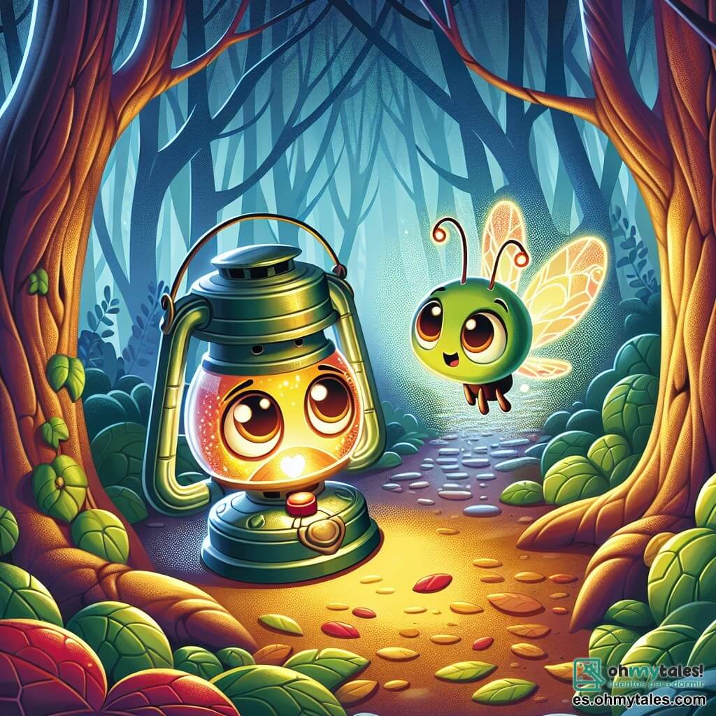 Lumi, una pequeña linterna con un cuerpo de metal brillante y un corazón luminoso, se encuentra al borde de un camino oscuro en el bosque. Tiene ojos grandes y redondos, llenos de curiosidad y aprensión, mientras una luz dorada emana de su interior. Cerca, una luciérnaga amistosa, pequeña y delicada, con alas translúcidas brillantes, vuela alrededor de Lumi, mostrando una expresión alegre y alentadora. Ilumina el camino con su luz suave, flotando a unos centímetros sobre la cabeza de Lumi. El lugar es un bosque denso, donde árboles de troncos nudosos se elevan hacia el cielo, creando sombras inquietantes en el suelo cubierto de hojas muertas. Una ligera bruma flota entre los árboles, añadiendo un toque de misterio a la atmósfera. La situación principal muestra a Lumi, dudosa pero decidida, lista para aventurarse por el camino oscuro, mientras la luciérnaga la anima a avanzar hacia las luces centelleantes a lo lejos, creando un contraste entre la oscuridad del bosque y la calidez de su luz.