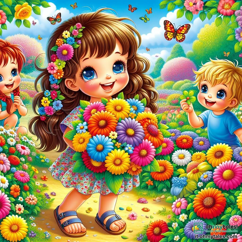 Una bambina di 4 anni, Sofia, con lunghi capelli castani e occhi scintillanti, sorride gioiosamente tenendo un grande mazzo di fiori colorati tra le braccia. Indossa un vestito leggero a fiori e sandali, al centro dell'immagine, circondata dalla bellezza della primavera. Alla sua destra, Marco, un ragazzo di 5 anni con capelli biondi disordinati e una maglietta blu, guarda con meraviglia una foglia verde che ha appena raccolto, con un grande sorriso sul viso. Alla sua sinistra, Lisa, una ragazza di 4 anni con capelli rossi e trecce, tiene una piccola pietra gialla ridendo, i suoi occhi brillano di gioia. Il luogo è un parco in piena primavera, pieno di fiori brillanti, alberi verdi e un cielo blu chiaro punteggiato di nuvole bianche e soffici. Farfalle colorate volano intorno ai bambini, aggiungendo un tocco di magia alla scena. La situazione principale mostra Sofia e i suoi amici mentre celebrano la bellezza della natura, ognuno con un tesoro di primavera trovato durante la loro caccia al tesoro, raggianti di felicità e amicizia.