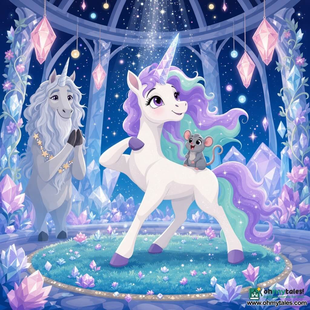 A young unicorn named Lila, joyful and proud, with a pearly white glittered coat, wavy lavender-and-mint mane and a shimmering crystal horn, takes a Starbeam Leap with one hoof lifted toward her chest; Elder Zephyr, a wise old unicorn with a silver frost-like beard and twinkling eyes, stands behind applauding and wears a small star garland; Pip, a tiny gray moon mouse with big round ears and bright eyes, perches happily on Lila’s back with a curled tail; the scene is a crystal-domed circular hall with translucent glass walls, sky-blue moss floor, diamond flowers on pillars, silver sparkling vines, floating light orbs and pink lanterns; Lila dances in the center of a moss circle under a shower of stardust, moving fluidly in a warm, cooperative, magical nighttime celebration.