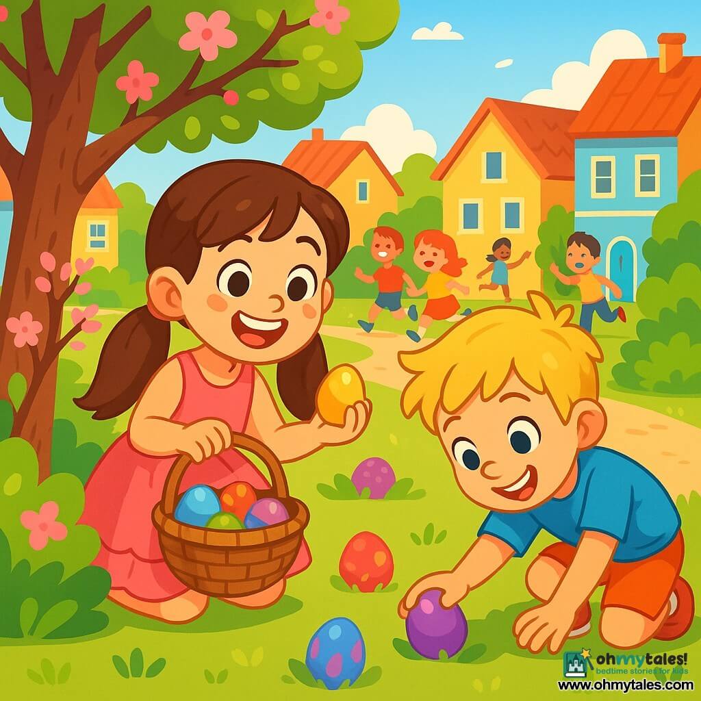 An 8-year-old girl named Lily, with long brown hair in two pigtails, wears a pretty pink ruffled dress. She has sparkling eyes full of joy and a big smile lighting up her face. Lily is crouched down, holding a wicker basket filled with colorful eggs, discovering a golden egg hidden behind a flowering tree. Next to her, her best friend Tommy, a 7-year-old boy with messy blonde hair and a blue t-shirt, leans down to pick up a shiny purple egg. He smiles enthusiastically, his eyes shining with excitement. The scene takes place in a charming village square, surrounded by colorful houses, flowering trees, and lush bushes. Children are laughing and running around them, creating a festive and joyful atmosphere. The main situation shows Lily and Tommy on an Easter egg hunt, uncovering hidden treasures in a vibrant spring setting filled with bright colors and childlike joy.