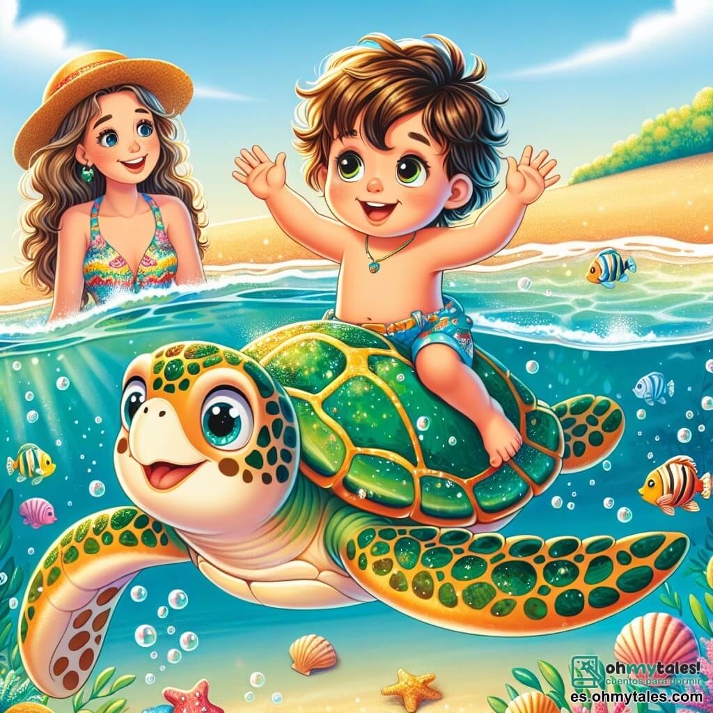 Un niño de 4 años, con el cabello castaño alborotado y ojos llenos de curiosidad, sonríe maravillado mientras está sentado sobre el caparazón de una tortuga marina brillante, con los brazos levantados en señal de alegría. La tortuga, grande y suave, tiene un caparazón verde adornado con patrones dorados y nada graciosamente en el agua clara. Cerca, una mamá sonriente, de unos 30 años, con cabello largo y ondulado, observa a su hijo con orgullo, de pie sobre la arena dorada de la playa. Lleva un traje de baño colorido y un sombrero de paja. El lugar es una playa soleada, con suaves olas que llegan a la orilla, con conchas esparcidas sobre la arena y algas verdes flotando en el agua. La escena principal muestra al niño y a la tortuga en plena aventura submarina, rodeados de peces coloridos y burbujas brillantes, mientras exploran una cueva mágica llena de luces brillantes y tesoros marinos.