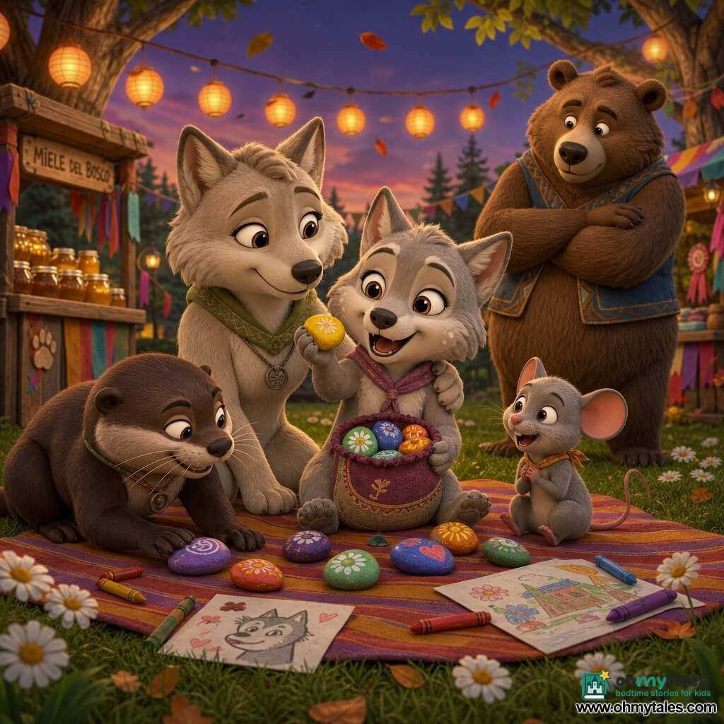 The main character is Lupa, a cheerful, slightly proud young anthropomorphic wolf with light gray fur and cream spots, bright big eyes, holding a small cloth pouch of painted stones and showing a yellow stone; Mama Lupa, a beige adult wolf with a gentle voice and reassuring look, stands behind with a hand on Lupa’s shoulder; Olli the otter, a compact dark-brown otter with a mischievous expression, crouches to Lupa’s left touching a purple stone; Mina the mouse, a small gray mouse with bright eyes, sits in front of the blanket marveling at the stones; Boris the bear, a large brown bear who looks puzzled then softened, stands in the background to the right with arms relaxing; the setting is a forest fair meadow at dusk with green grass and daisies, orange lantern garlands between textured trees, wooden stalls with honey jars and ribbons; Lupa sits on a striped blanket at the center surrounded by animal friends, falling leaves, scattered crayons and colorful drawings, warm inclusive atmosphere; visual style: 3D cartoon cel-shaded rendering, saturated contrasted colors, soft late-afternoon light, soft textures, exaggerated facial expressions, clear centered composition suitable for an 8-year-old.