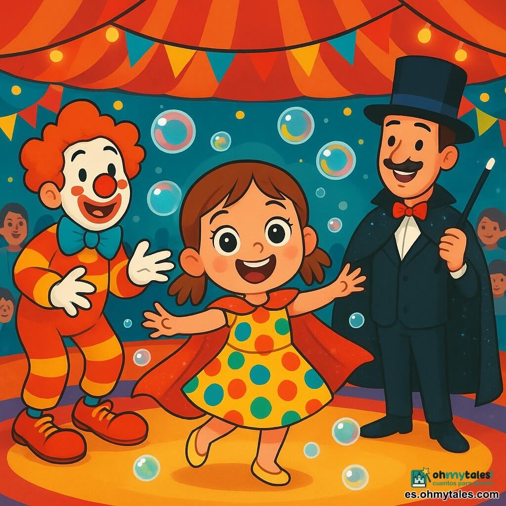 Una niña de 4 años, llamada Martina, con grandes ojos brillantes y una amplia sonrisa, lleva un vestido colorido de lunares y una capa brillante. Ella baila alegremente en el centro de la pista del circo, rodeada de burbujas de jabón que flotan a su alrededor. A su lado, un payaso alegre, de unos 30 años, con la cara pintada de blanco, una gran nariz roja y zapatos enormes, hace muecas para hacerla reír. Un mago, de aproximadamente 40 años, con una capa negra brillante y un sombrero de copa, se encuentra un poco apartado, sosteniendo una varita mágica, listo para hacer aparecer burbujas. El lugar es un circo vibrante, con luces brillantes, banderines coloridos y espectadores sonrientes que aplauden. La escena está llena de colores vivos y decoraciones festivas, mostrando a Martina, llena de alegría y entusiasmo, bailando entre los artistas, rodeada de risas y magia, creando un momento de felicidad y celebración.