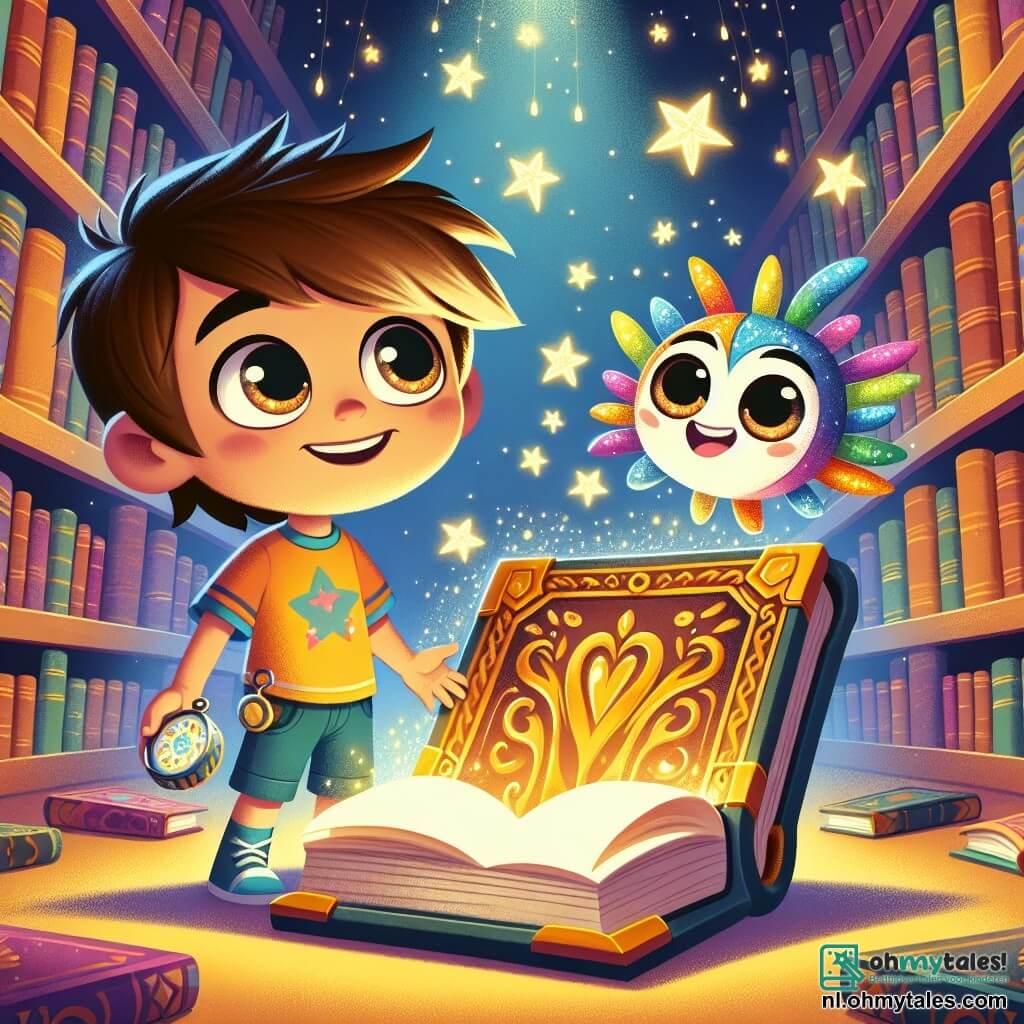 Max, een klein jongetje met warrig bruin haar en nieuwsgierige ogen, staat voor een groot oud open boek met een verwonderde glimlach op zijn gezicht. Hij draagt een kleurrijk T-shirt en een short, en houdt een kleine glanzende passer in zijn hand. Naast hem zweeft Lila, een vrolijk en kleurrijk wezentje in de vorm van een potlood, met een stralende glimlach en ronde ogen, en kijkt opgewonden naar het boek. De scène speelt zich af in een magische bibliotheek, waar de boekenkasten zich eindeloos uitstrekken, verlicht door fonkelende lichten. Gouden sterren dansen aan het plafond en creëren een feeërieke sfeer. Max en Lila ontdekken samen een oud mysterieus boek, waarvan de pagina's lijken te glanzen, terwijl een zachte gloed van licht hen omringt en aanwijzingen onthult voor hun volgende avontuur.