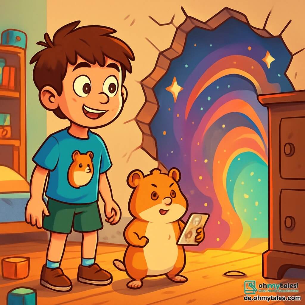 Ein 12-jähriger Junge mit zerzausten braunen Haaren und neugierigen Augen steht am Rand einer riesigen Bresche in einer Wand, mit einem staunenden Lächeln im Gesicht. Er trägt ein blaues T-Shirt mit einem Hamster-Motiv und eine grüne Shorts. Neben ihm steht ein kleiner Hamster namens Gustav, mit goldenem Fell und schelmischen Augen, der auf seinen Hinterbeinen steht, entschlossen, eine Miniaturkarte schwenkend. Sie befinden sich in einem bunten Zimmer, gefüllt mit Spielzeug, Büchern und einem großen Bett, während die Sonne durch das Fenster scheint und tanzende Schatten auf den Holzboden wirft. Die Hauptsituation zeigt den Jungen und Gustav, bereit, sich in einen magischen Tunnel zu wagen, der hinter einem alten Möbelstück erscheint, umgeben von lebhaften Farben und fantastischen Mustern, mit funkelnden Sternen, die in der Luft schweben und eine Welt voller Versprechen und Abenteuer heraufbeschwören.