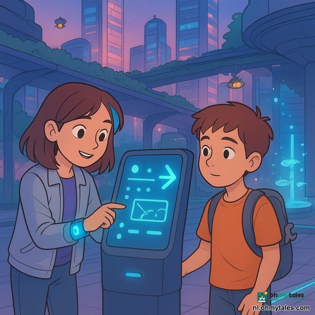 Twee personages: Noor (meisje, 11) met halflang bruin haar en een gekleurde lok, zilverkleurig licht jack en een armcuff die een klein blauw kaartje projecteert; ze staat links en raakt een holografische informatiezuil aan. Milo (jongen, 11) met kort kastanjebruin haar, grijze rugzak met zichtbaar gereedschap en oranje T‑shirt, staat rechts met één hand op de zuil. Plaats: futuristisch stadsplein bij schemering met hoge glazen torens in roze‑ en cyaantinten, hangende groenbruggen, zichtbare magneetrails onder glasluiken, holografische fontein met lichtgevende vissen en drones als lichtjes; gladde trottoirs met lichtaccenten. Situatie: rustige nieuwsgierige scène — de zuil toont knipperende symbolen en een lichtpijl naar drie richtingen, Noor’s armband projecteert een kaart met een glinsterende lijn, zacht neonlicht en lichte warmere dampen bij ventilatieopeningen, sfeer van een vriendelijke zoektocht in een hightech stad.