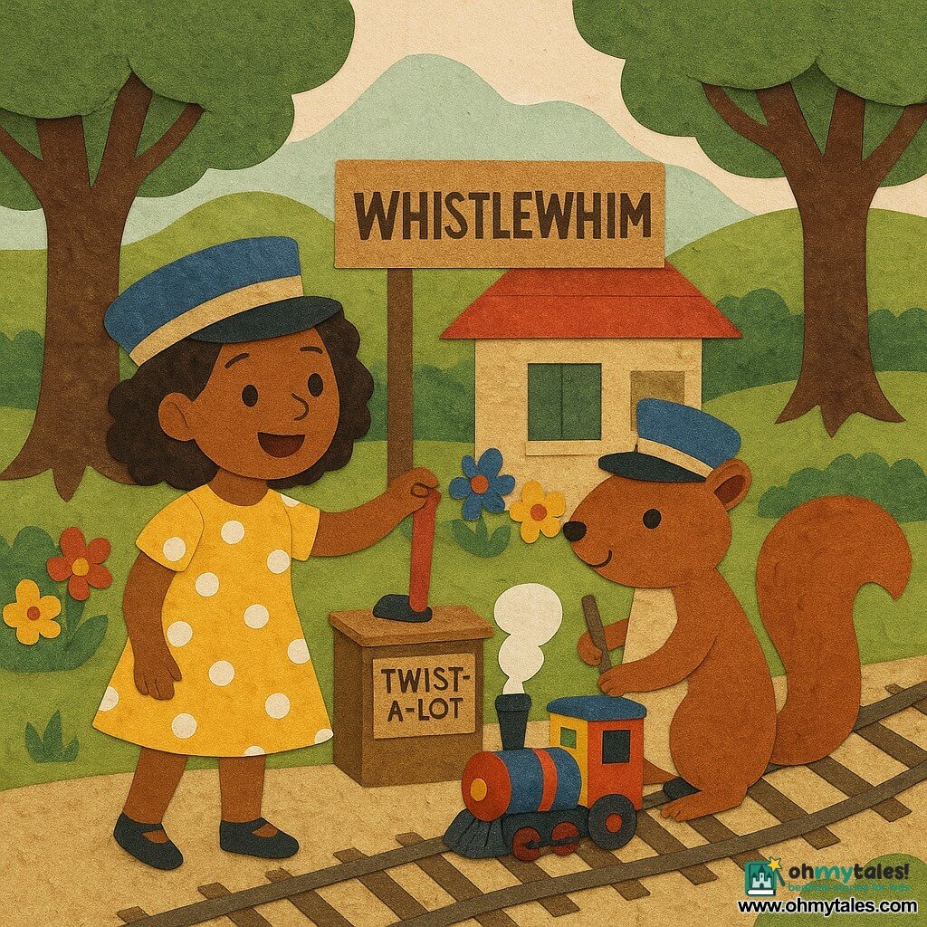 Nia, an 8-year-old girl, stands on the platform of a tiny train station, her eyes sparkling with excitement. She wears a yellow dress with white polka dots and a small conductor's hat. Next to her, Mr. Nutters, a squirrel wearing a conductor's hat, holds a tiny broom. They stand in front of a wooden sign marked "Whistlewhim," surrounded by colorful flowers. The station is nestled between two large oak trees, with miniature tracks winding through a landscape of green hills. The scene shows Nia joyfully pulling a lever marked "Twist-a-lot," as the colorful and cheerful miniature train speeds along the tracks with spiraling white smoke.