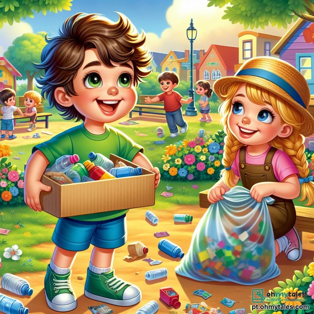 Um menino de 6 anos, Lucas, com cabelos castanhos bagunçados e um sorriso radiante, veste uma camiseta verde e um short azul. Ele está alegre e determinado, segurando uma grande caixa de papelão decorada com cores vibrantes, na qual está escrito "Caixa da Reciclagem do Lucas!". Ao lado dele, uma menina de 7 anos, Emma, com cabelos loiros trançados e um chapéu de palha, coleta lixo com um saco plástico. Ela sorri e olha para Lucas com admiração. Ao fundo, um parque ensolarado, cheio de árvores verdes, flores coloridas e bancos de madeira, onde crianças brincam e adultos conversam. A cena mostra Lucas e Emma recolhendo lixo para reciclar, cercados por amigos que os incentivam, criando uma atmosfera de camaradagem e alegria.