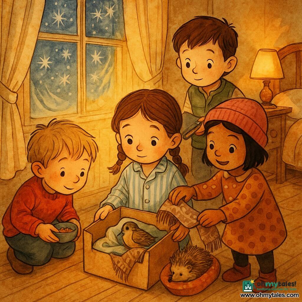 Four children, all 5 years old: Mia, a light-brown-haired girl in braids wearing light-blue striped pajamas, sits center holding a small cardboard box by a frosted window; Ben, a blond boy in a red sweater, crouches left holding a small bowl of seeds; Sara, a short black-haired girl in a pink hat and polka-dot dress, stands right gently covering the box with a small scarf; Tom, a brown-haired boy in a green vest, stands behind Mia holding a small book as a ramp. They are in a warm child’s bedroom seen three-quarters view with a large frosted window, cream curtains, a yellow bedside lamp casting a golden halo, a knitted wool blanket on the bed and a light wood floor with scattered seeds. The four children surround the box transformed into a nest, inside which a trembling sparrow sleeps on a soft cloth and a hedgehog is curled in a sock, bathed in warm light contrasting with the blue frost, creating a calm, attentive atmosphere with visible textures (feathers, soft spines, wool).