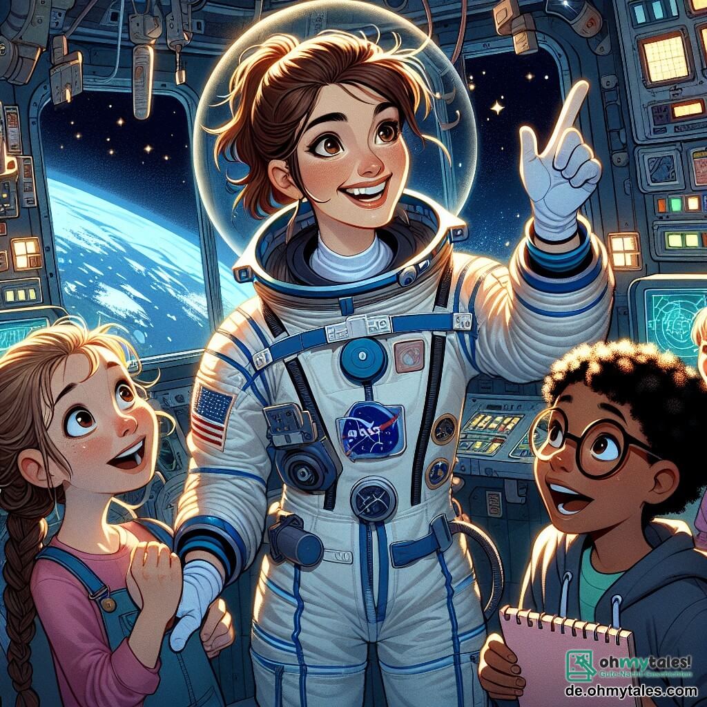 Eine lächelnde Astronautin, etwa 30 Jahre alt, mit braunen Haaren, die zu einem Pferdeschwanz gebunden sind, trägt einen glänzenden weißen und blauen Raumanzug. Sie schwebt in der Kabine der Raumstation, umgeben von beleuchteten Kontrollpanelen, ihre Augen funkeln vor Aufregung, während sie Kindern ein Modell der Erde zeigt. Neben ihr hebt ein 10-jähriger Junge mit Brille und zerzausten blonden Haaren begeistert die Hand, seine Augen sind vor Neugier weit geöffnet. Ein anderes Kind, ein 9-jähriges Mädchen mit schwarzen Zöpfen, schaut bewundernd und hält ein kleines Skizzenbuch in den Händen, bereit, zu zeichnen, was sie sieht. Die Szene spielt sich im Inneren der Raumstation ab, wo die Wände mit Fenstern bedeckt sind, die einen spektakulären Blick auf die blaue Erde und die funkelnden Sterne bieten. Wissenschaftliche Geräte schweben herum, und die Atmosphäre ist erfüllt von sanftem Licht und lebhaften Farben. Die Hauptsituation zeigt die Astronautin, die faszinierende Geschichten über ihre Abenteuer im Weltraum erzählt, während die Kinder aufmerksam zuhören, gefesselt von ihren Erzählungen und davon träumen, selbst Astronauten zu werden.
