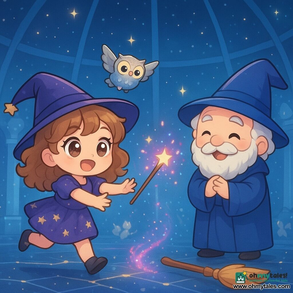 A joyful, determined 10-year-old apprentice witch named Pippa with light chestnut curly hair and bright eyes, wearing a short purple star-embroidered dress, reaches with both hands to catch a trembling, spark-spraying magic wand; her jovial, round 70-year-old mentor Mr. Twinkletoes, with a tousled white beard and blue pointed hat, laughs softly a step back with hands clasped while a small round silver-feathered cosmic owl with large golden eyes watches from above; the scene is inside the Stardome, a mirrored-floor starry dome with crystal columns and silver light beams, where the wand bounces leaving pink and blue glitter trails, a broom nearby begins sprouting comical feathers, and Pippa, focused and amused, is about to grab it in a bright, magical, motion-filled moment.