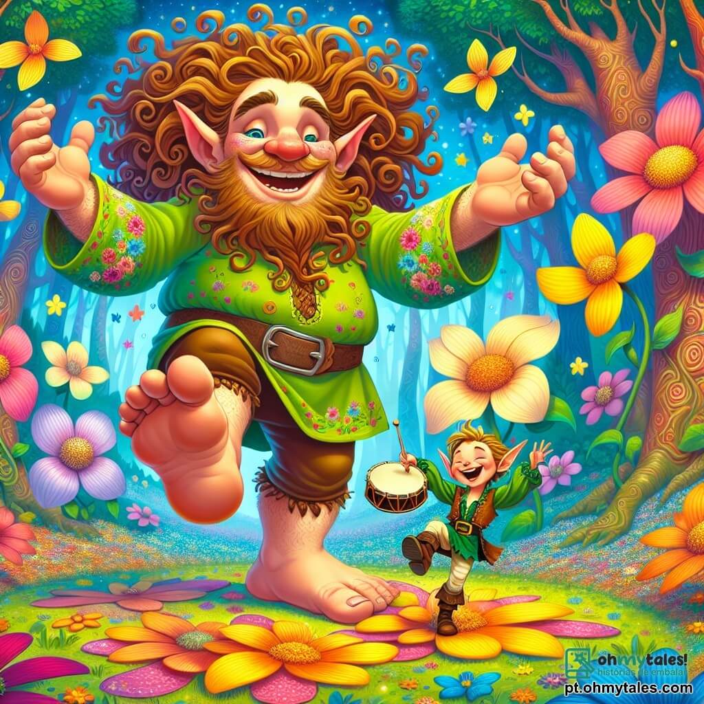 No centro da imagem, um gigante alegre chamado Guga, com uma grande cabeleira cacheada e um sorriso radiante, dança sobre um chão coberto de flores gigantes coloridas, com os braços abertos e os olhos brilhando de felicidade. Ele usa uma túnica verde decorada com padrões florais, e seus pés são tão grandes que esmagam suavemente algumas pequenas flores embaixo. À sua direita, um pequeno elfo chamado Zingo, com cerca de 10 anos, orelhas pontudas e cabelos loiros bagunçados, ri alto enquanto segura um tambor feito de folhas. Ele está vestido com uma túnica azul e calças de couro, dançando ao redor de Guga, contribuindo para a atmosfera festiva. Ao fundo, uma floresta encantada se estende, com árvores de troncos multicoloridos, flores luminosas e borboletas voando. Um céu azul brilhante é salpicado de nuvens em forma de doces, criando uma atmosfera mágica e alegre. A cena principal mostra Guga e Zingo celebrando sua amizade no Vale das Gargalhadas, onde risadas ecoam e flores dançam ao ritmo de sua música, criando uma cena cheia de vida e felicidade.