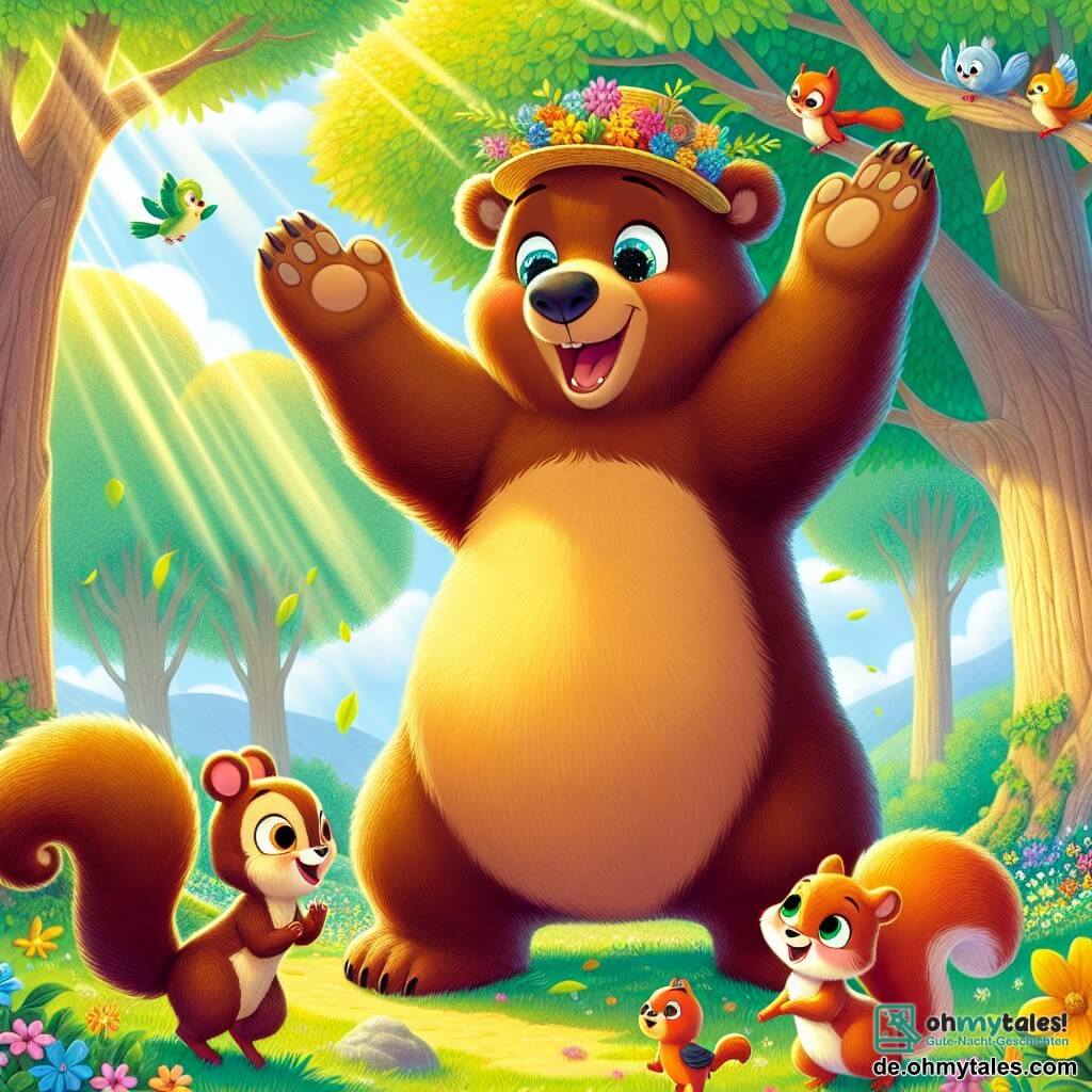 Bruno, ein großer brauner Bär mit funkelnden Augen und einem warmen Lächeln, steht triumphierend auf einem Baum, die Arme erhoben und voller Aufregung. Sein weiches, glänzendes Fell wird von einem kleinen Strohhut mit bunten Blumen geschmückt. Neben ihm springt ein fröhliches Eichhörnchen namens Squeaky mit großen Ohren und einem buschigen Schwanz von Ast zu Ast, überrascht und erfreut über Brunos Leistung. Unten zwitschert eine Gruppe kleiner bunter Vögel, die einen Kreis um den Baum bilden und Bewunderung zeigen. Die Szene spielt in einer sonnigen Lichtung, umgeben von majestätischen Bäumen und blühenden Blumen, während ein sanfter Sonnenstrahl die Szene erhellt. Bruno hat eine unmögliche Herausforderung gemeistert und feiert seinen Sieg mit seinen Freunden, bereit, einen Moment der Freude und Freundschaft nach einem aufregenden Abenteuer zu teilen.
