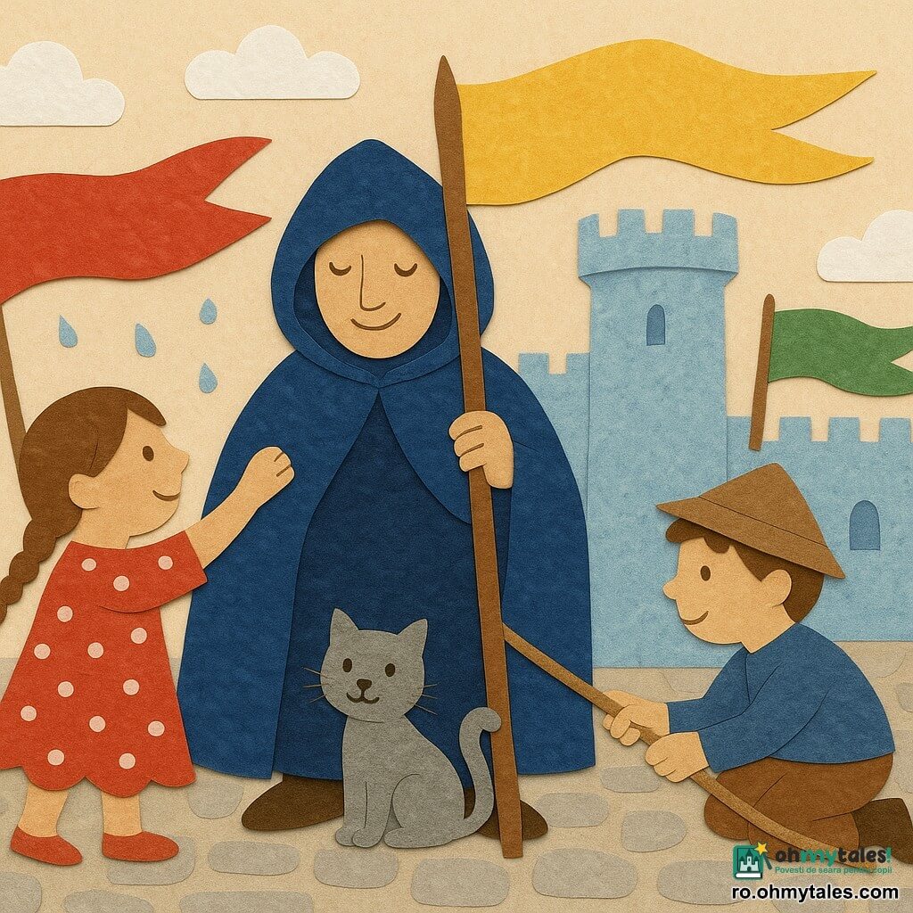 Un cavaler într-o mantie albastru închis, cu fața parțial ascunsă de o glugă rotundă, zâmbet blând, ține delicat un băț de lemn pentru a agăța un drapel; o fetiță pe nume Ana (~7 ani), păr brun în două codițe, rochie roșie cu buline albe din hârtie, întinde un drapel ud din stânga; un băiat, Luca (~8 ani), cu șapcă de hârtie maro și o scândurică, cu genunchii îndoiți, ajută la întinsul unei frânghii în dreapta; o pisicuță gri, Miu, din fetru, așezată pe o funie, urmărește drapelele; curte de castel colorată cu pavele gri deschis și turnuri bleu pastel, drapele mari roșii, galbene și verzi din hârtie, câțiva nori albi din hârtie velină; toți lucrează împreună pentru a agăța și usca drapelele ude, scenă luminoasă și caldă, mișcare sugerată prin decupaje și picături de apă reprezentate ca cercuri mici lucioase de hârtie.