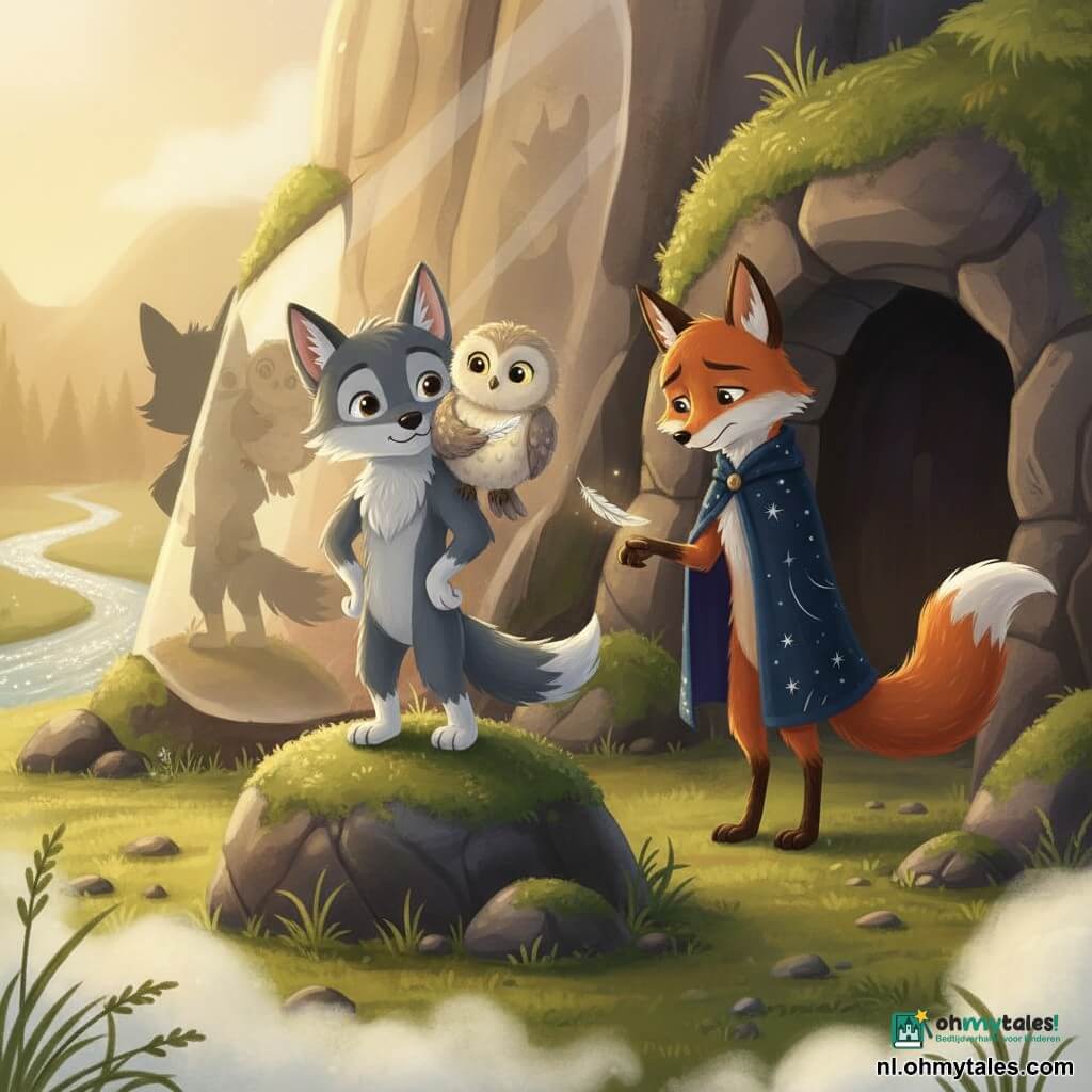 Hoofdpersonage: Wip, een kleine wolf met zacht grijs vachtje en witte pootvlekken, grote puntige oren en ronde ogen, moedig en vriendelijk, trotse maar beschermende houding op een steen. Bijpersonage: Pluim, een jonge ronde donzige uil met crèmekleurige en parelgrijze veren, stralende ogen, glimlachend en een klein zilverglanzend veertje tegen de borst houdend, op Wips rug. Bijpersonage: Stervos, een slanke vos met lange staart en een nachtelijk blauw sterrendekmantel, beschaamde maar verzachte blik, reikt het veertje aan met een poot, iets teruggetrokken bij een grot. Locatie: aan de voet van de Spiegelberg, een glad reflecterend rotsoppervlak dat silhouetten en licht weerkaatst, mosgroene bodem, enkele gepolijste stenen, lichte katoenachtige mist en in de verte een zilverglinsterende rivier. Situatie: teruggave van het glimlachveertje — het lichtgevende veertje in Pluims hand, rustige uitwisseling tussen beschermende Wip en berouwvolle Stervos, warme contrasterende kleuren en eenvoudige leesbare compositie voor kinderen.