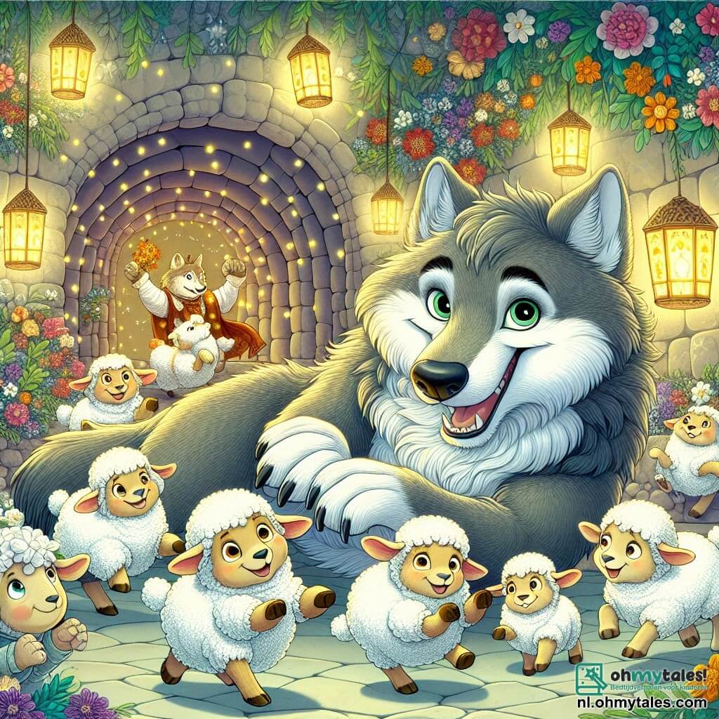 Een grote wolf met een grijze vacht en doordringende ogen, met een vriendelijke maar iets verlegen glimlach, danst vrolijk in het midden van een grot versierd met kleurrijke bloemen en lichtslingers. Naast hem komt een groep schapen met witte, donzige vachten, met nieuwsgierige en blije gezichten, huppelend dichterbij om zich bij het feest te voegen. Een klein konijn met grote oren, een bruine vacht en sprankelende ogen, kijkt vanuit een hoek toe, glimlachend en klappend. De scène speelt zich af in een ruime grot, verlicht door fonkelende lantaarns, waar de muren versierd zijn met wilde bloemen en groene bladeren, wat een warme en gastvrije sfeer creëert. De wolf, die ooit de schapen wou laten schrikken, organiseert nu een groot feest om vrienden te maken, waarbij hij angst omzet in vreugde en gelach.