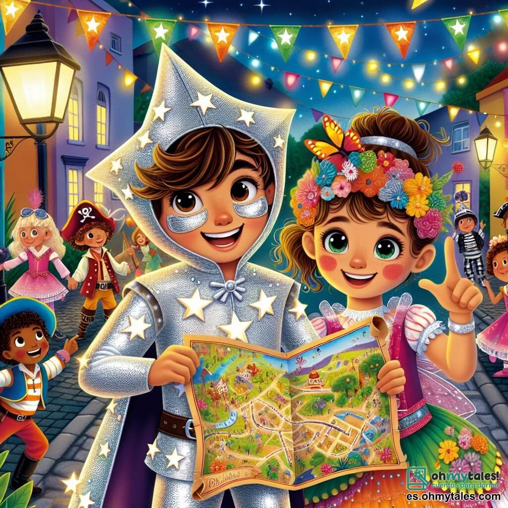 Un niño de 10 años, Lucas, está en el centro del escenario, vestido con un brillante traje de estrella fugaz, con estrellas de papel plateado y luces LED parpadeantes. Su rostro irradia emoción y determinación mientras sostiene un mapa del tesoro en sus manos. A su lado, su mejor amiga Carla, una niña de 10 años, lleva un vestido colorido adornado con flores y alas de mariposa. Ella sonríe, con los ojos brillando de entusiasmo, señalando una dirección en el mapa. El decorado es una calle animada del pueblo de Villafantástica, donde faroles coloridos iluminan casas decoradas con guirnaldas festivas. Niños disfrazados de piratas, princesas y superhéroes bailan alegremente a su alrededor, mientras un gran cartel de madera indica "Carnaval de Villafantástica". La situación principal muestra a Lucas y Carla en plena búsqueda de la misteriosa máscara mágica del carnaval, rodeados de risas y música, listos para resolver los acertijos que los llevarán a la aventura.