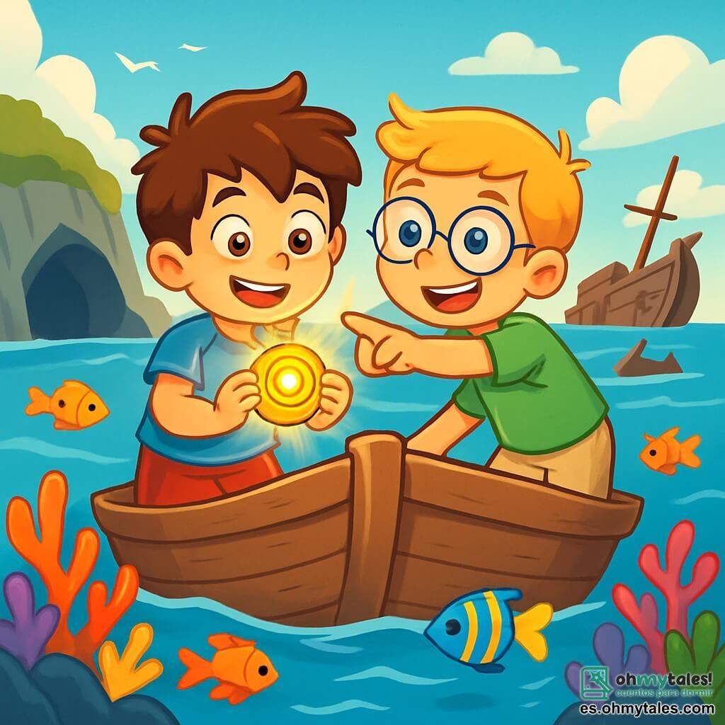 Hay 2 personajes principales: - Lucas: un niño de 7 años, con cabello castaño desordenado y ojos llenos de curiosidad. Lleva una camiseta azul y un pantalón corto rojo. Sostiene un amuleto dorado en sus manos, mirando con asombro. - Martín: un niño de 7 años, con cabello rubio y gafas redondas. Lleva una camiseta verde y un pantalón corto beige. Se inclina hacia adelante, señalando hacia el mar, con una sonrisa emocionada en el rostro. Los dos amigos están en un viejo barco de madera, flotando en un mar de un azul brillante, con suaves olas brillantes bajo el sol. El lugar está rodeado de corales coloridos que emergen del agua, y peces multicolores nadan alrededor del barco. A lo lejos, se ve una cueva misteriosa y un viejo barco naufragado, medio sumergido. La situación principal muestra a Lucas y Martín, maravillados, descubriendo el poder mágico del amuleto dorado, que brilla intensamente, iluminando sus rostros con un resplandor dorado, mientras se preparan para sumergirse en la aventura submarina.