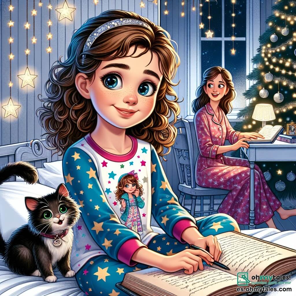 Una niña de 10 años, con cabello rizado y castaño, y ojos llenos de curiosidad, está sentada en su cama. Lleva un pijama colorido con estrellas y sostiene un viejo cuaderno en sus manos, su rostro iluminado por la emoción de descubrir un secreto. A su lado, su mamá, una mujer de unos treinta años con cabello largo y liso, sonríe mientras prepara decoraciones de fiesta en el escritorio, rodeada de guirnaldas brillantes. En un rincón de la habitación, un pequeño gato negro con ojos verdes juega con una bola de papel, añadiendo vida a la escena. La habitación está decorada con luces navideñas, con un gran árbol brillante al fondo, creando una atmósfera cálida y festiva. La situación principal muestra a la niña descubriendo el misterioso cuaderno, lista para embarcarse en una aventura para desenterrar el secreto oculto antes de la fiesta de Año Nuevo.