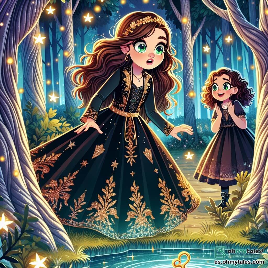 Una joven bruja, Elara, de unos 12 años, se encuentra al borde de un estanque brillante en un claro del bosque. Tiene largos cabellos castaños, ojos verdes llenos de curiosidad y lleva un vestido negro decorado con motivos dorados. Su rostro expresa asombro mientras observa una llave dorada flotante frente a ella. A su lado, su mejor amiga Lira, también de 12 años, tiene el cabello rizado y una sonrisa traviesa. Ella observa atentamente la escena, con las manos en las caderas, llena de emoción. El lugar es un claro mágico, rodeado de árboles de troncos plateados, cuyas hojas brillan como estrellas. Luciérnagas bailan a su alrededor, iluminando la atmósfera encantada. La situación principal muestra a Elara descubriendo la llave dorada que flota sobre el estanque, un momento de revelación mágica que simboliza el inicio de su aventura.
