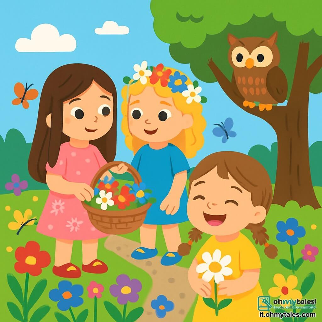 Ci sono 3 personaggi: - Luna: una ragazza di 6 anni, con lunghi capelli castani e occhi scintillanti. Indossa un vestito rosa con motivi floreali e tiene un piccolo cesto pieno di fiori colorati. - Stella: una ragazza di 5 anni, con capelli biondi ricci e un sorriso radioso. Indossa una tunica blu e porta una corona di fiori sulla testa. Si trova accanto a Luna, guardando il cesto con curiosità. - Miele: una ragazza di 4 anni, con capelli castani e trecce. Indossa un vestito giallo e tiene una piccola margherita tra le mani, sorridendo gioiosamente. È leggermente in avanti, davanti alle altre ragazze. La scena si svolge in un giardino incantevole, pieno di fiori dai colori vivaci: rossi, gialli, viola e blu. Farfalle danzano nell'aria, mentre un grande albero maestoso offre ombra. Al centro, un piccolo sentiero di ghiaia conduce a un angolo segreto dove si trova un saggio gufo posato su un ramo. La situazione principale mostra le tre ragazze che raccolgono fiori e ascoltano il gufo, che parla loro della bellezza dell'amicizia. Sono circondate da fiori che brillano al sole, e i loro volti sono illuminati dalla gioia e dalla curiosità.