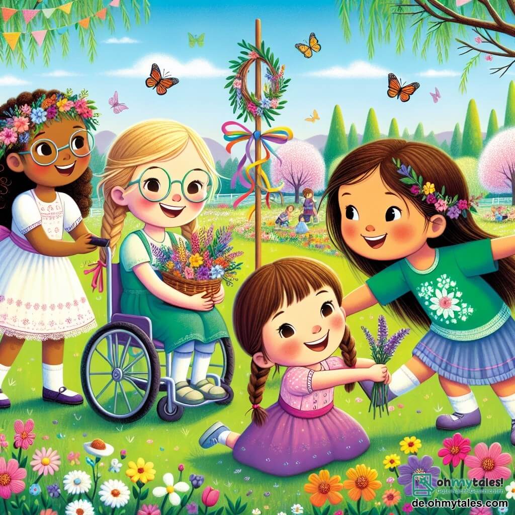 Vier Mädchen, Mia, Lea, Sophie und Emma, stehen in einem Park im Frühling. Mia, ein 10-jähriges Mädchen mit braunen Haaren und Brille, lächelt und hält einen Korb mit bunten Blumen. Lea, ebenfalls 10 Jahre alt, hat blonde Haare und Zöpfe, sie kauert und berührt eine lila Blume. Sophie, ein 9-jähriges Mädchen im Rollstuhl, hat kastanienbraune Haare und trägt ein grünes T-Shirt, sie schaut die anderen mit einem breiten Lächeln an. Schließlich steht Emma, ein 10-jähriges Mädchen mit roten Haaren und Sonnenbrille, und hält einen kleinen Maibaum, der mit bunten Bändern geschmückt ist. Der Park ist voller leuchtender Blumen, mit blühenden Bäumen und einem klaren blauen Himmel. Schmetterlinge fliegen um sie herum und verleihen der Szene einen Hauch von Magie. Die Mädchen feiern ihr eigenes Frühlingsfest, lachen und werfen Farben in die Luft, was eine Explosion von Freude und Farben schafft.