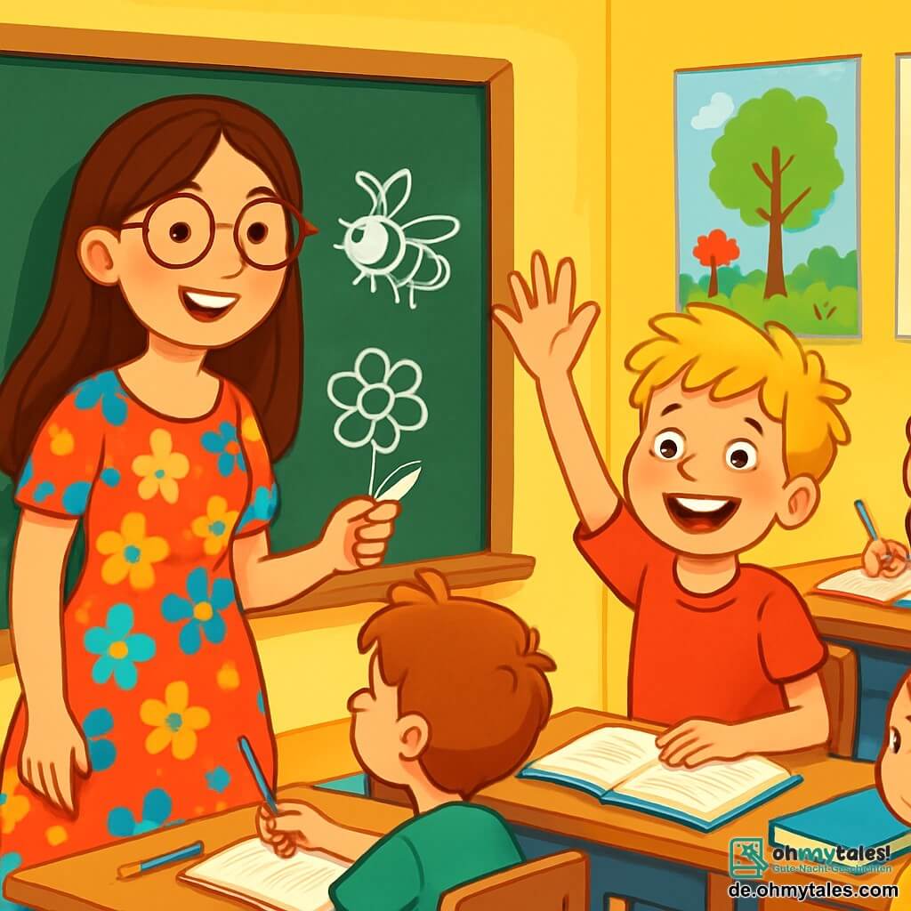 Eine lächelnde Lehrerin mit langen braunen Haaren und runden Brillen steht vor einer Tafel, ihre Augen funkeln vor Freude. Sie trägt ein buntes Blumenkleid und hält ein Stück Kreide in der Hand, bereit zu schreiben. Neben ihr hebt ein 8-jähriger Junge mit zerzausten blonden Haaren begeistert die Hand und zeigt ein breites Lächeln. Er trägt ein rotes T-Shirt und Jeans. Hinter ihnen befindet sich ein heller Klassenraum mit gelben Wänden und bunten Postern zu den Themen Natur und Mathematik. Holztische sind in Reihen angeordnet und mit buntem Schulmaterial gefüllt. Die Hauptsituation zeigt die Lehrerin, die leidenschaftlich das Thema Bienen erklärt, während die Kinder an ihren Tischen aufmerksam zuhören, einige Notizen machen und andere die Hand heben, um Fragen zu stellen. Die Atmosphäre ist fröhlich und dynamisch, erfüllt von Neugier und Lernen.