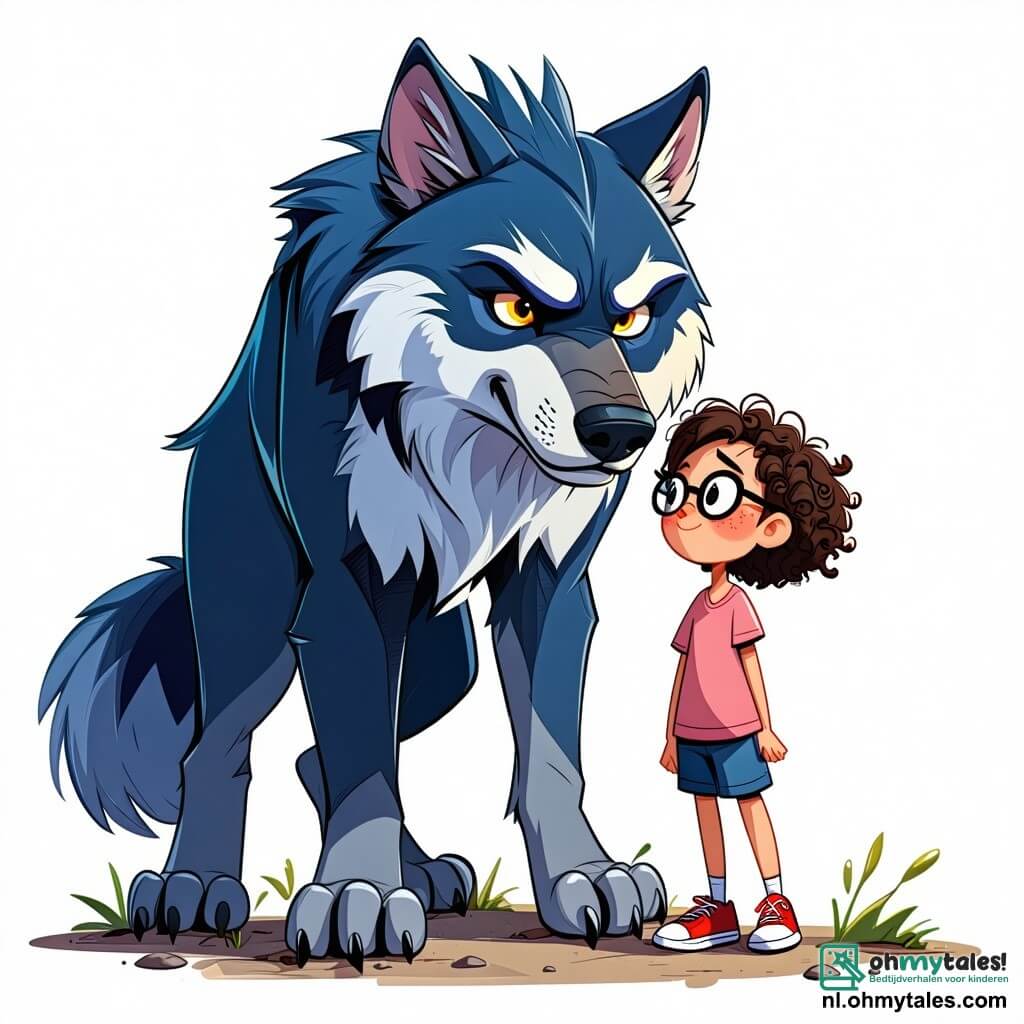 Een majestueuze weerwolf, met een zilverachtig vacht en sterrenachtige ogen, staat in het midden van de scène met een uitdrukking van vastberadenheid en nieuwsgierigheid. Zijn scherpe klauwen zijn lichtjes in de grond gedrukt terwijl hij de lucht snuift, op zoek naar een mysterie om op te lossen. Rechts van hem observeert een 12-jarig meisje genaamd Lila, met krullend haar en ronde bril, aandachtig de weerwolf. Ze draagt een groene jurk versierd met bloemen en houdt een klein notitieboekje in haar handen, klaar om aantekeningen te maken over hun ontdekkingen. Op de achtergrond domineert een oude eik met knoestige takken en bedekt met mos een open plek, verlicht door zacht licht, waar kleurrijke bloemen dansen in de wind. De hoofdscène toont de weerwolf en Lila die zich een oude steen benaderen, bedekt met mysterieuze runen en omringd door een sprankelende aura, terwijl ze aanwijzingen zoeken over de verdwijning van de kleuren uit het betoverde bos.
