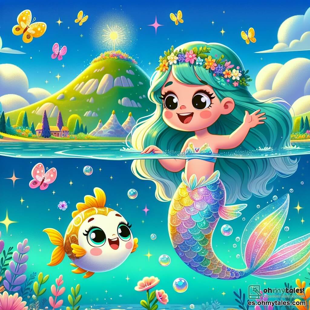 En el centro de la imagen, una sirena llamada Lila, una joven con largos cabellos ondulados de color turquesa, nada alegremente en un lago cristalino. Su cola brillante, decorada con patrones de arcoíris, refleja la luz del sol, mientras ella muestra una gran sonrisa de asombro y determinación. A su lado, Chispa, un pequeño pez de escamas doradas, flota con entusiasmo, sus ojos brillando de emoción. Parece animar a Lila, nadando a su alrededor con movimientos vivos. Al fondo, el lago está rodeado de montañas flotantes, cubiertas de flores coloridas y nubes suaves como algodón, creando una atmósfera mágica. Mariposas con alas brillantes revolotean, añadiendo un toque de color a la escena. La situación principal muestra a Lila y Chispa descubriendo una flor mágica que brilla intensamente en la cima de una pequeña colina cerca del lago, lista para ser recogida para salvar su reino.